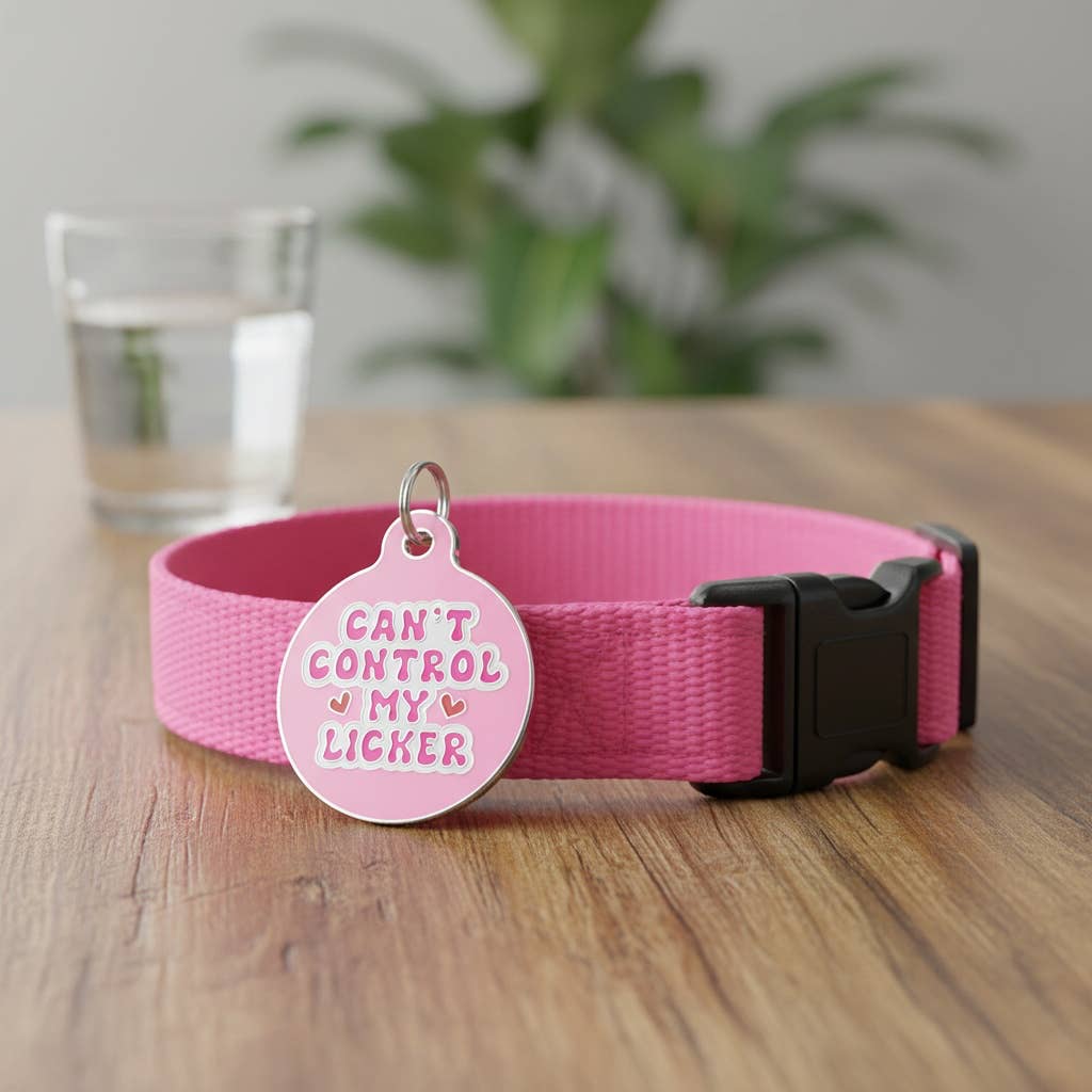 Bad Tags - Dog Tag w/ Personalized QR Code - Can't Control my Licker - Pink / Engraved QR Code / Small 1"