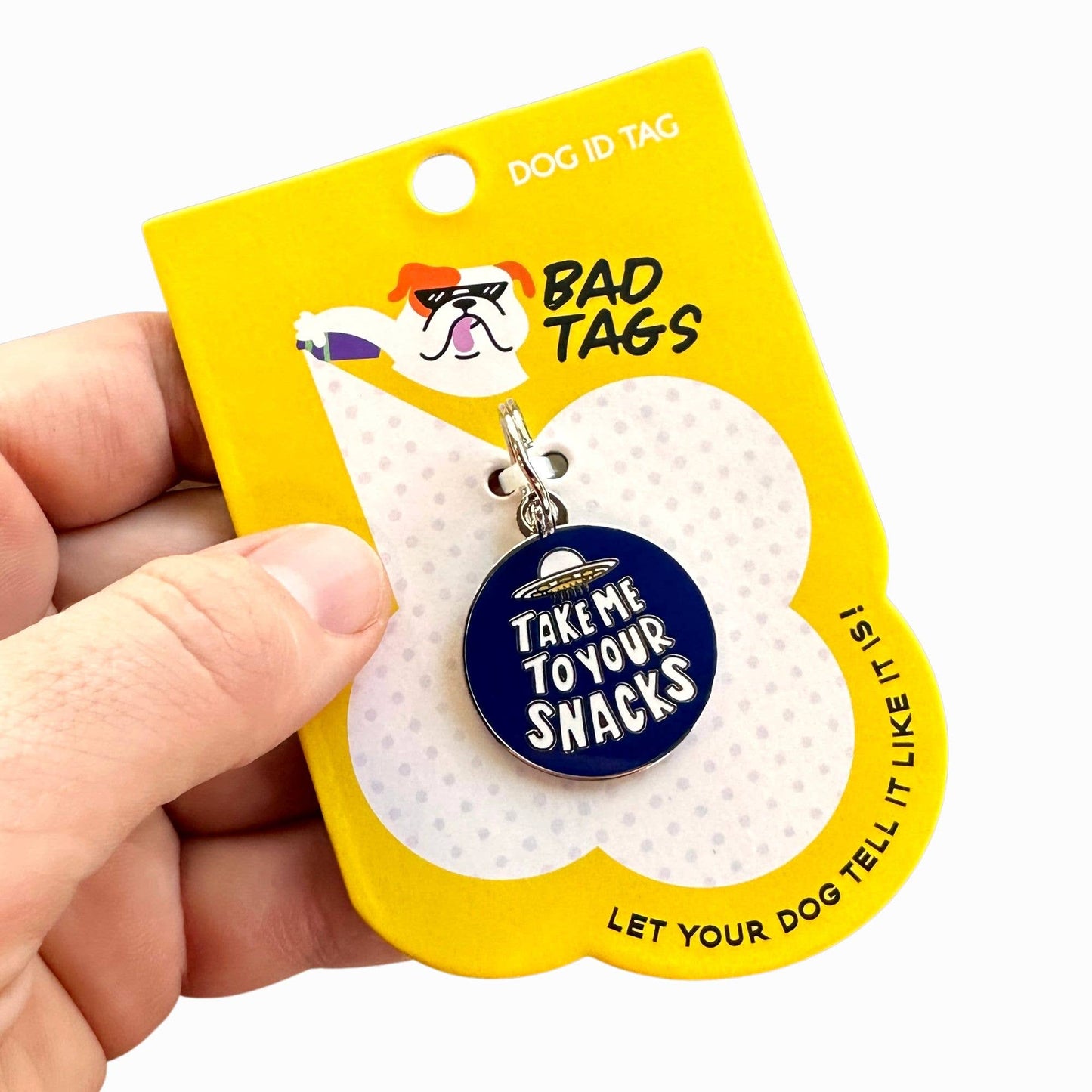 Bad Tags - Dog ID Tag w/ Personalized QR Code - Take Me to Your Snacks - Engraved QR Code / Large 1.25"