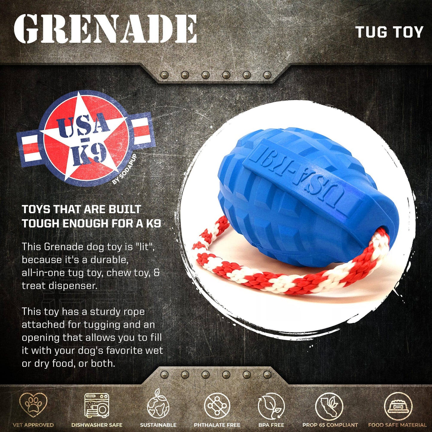 SodaPup - USA-K9 Grenade - Chew Toy - Reward Toy - Blue - Blue / XL