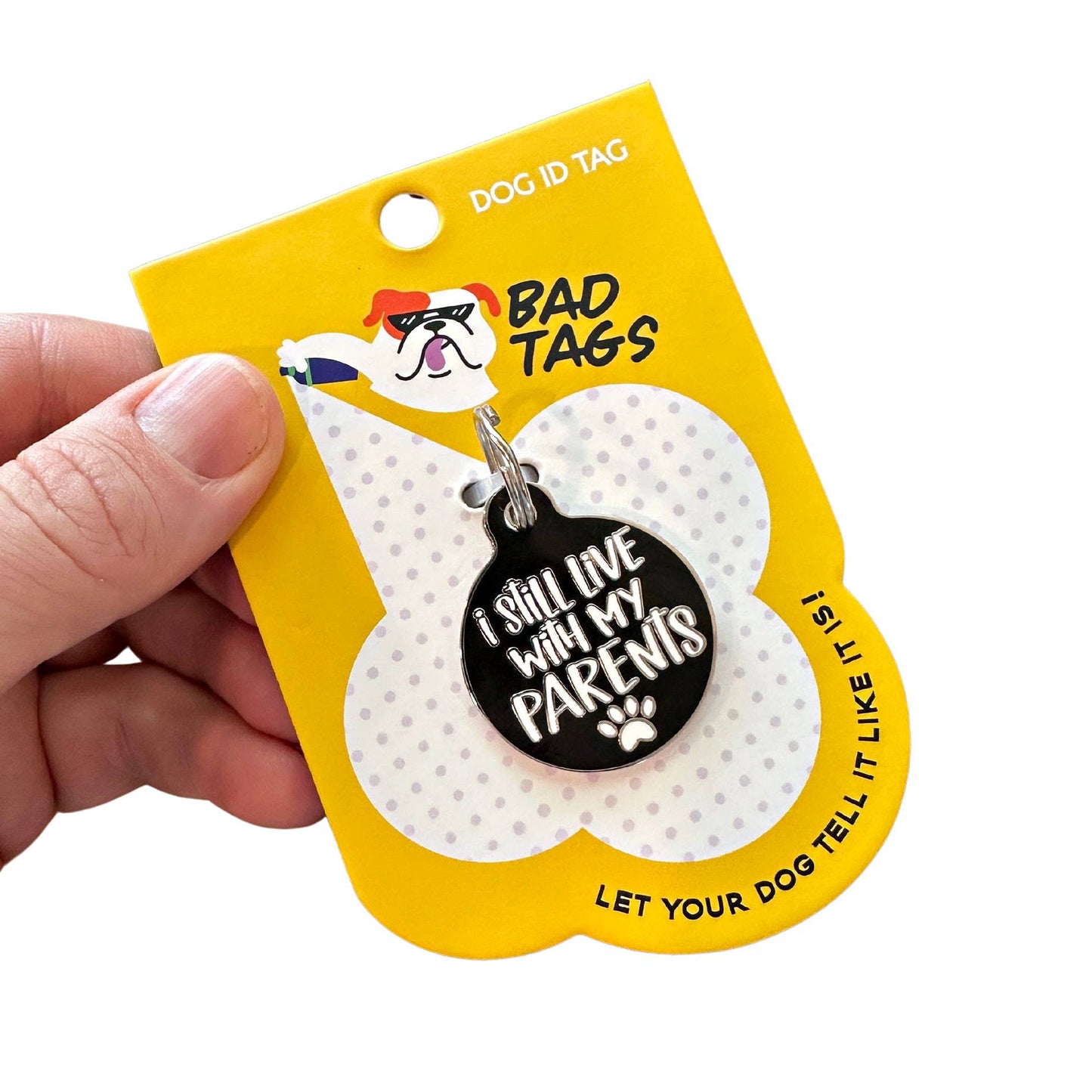 Bad Tags - Dog ID Tag with Personalized QR Code - Live with my Parents - Engraved QR Code / Large 1.25"