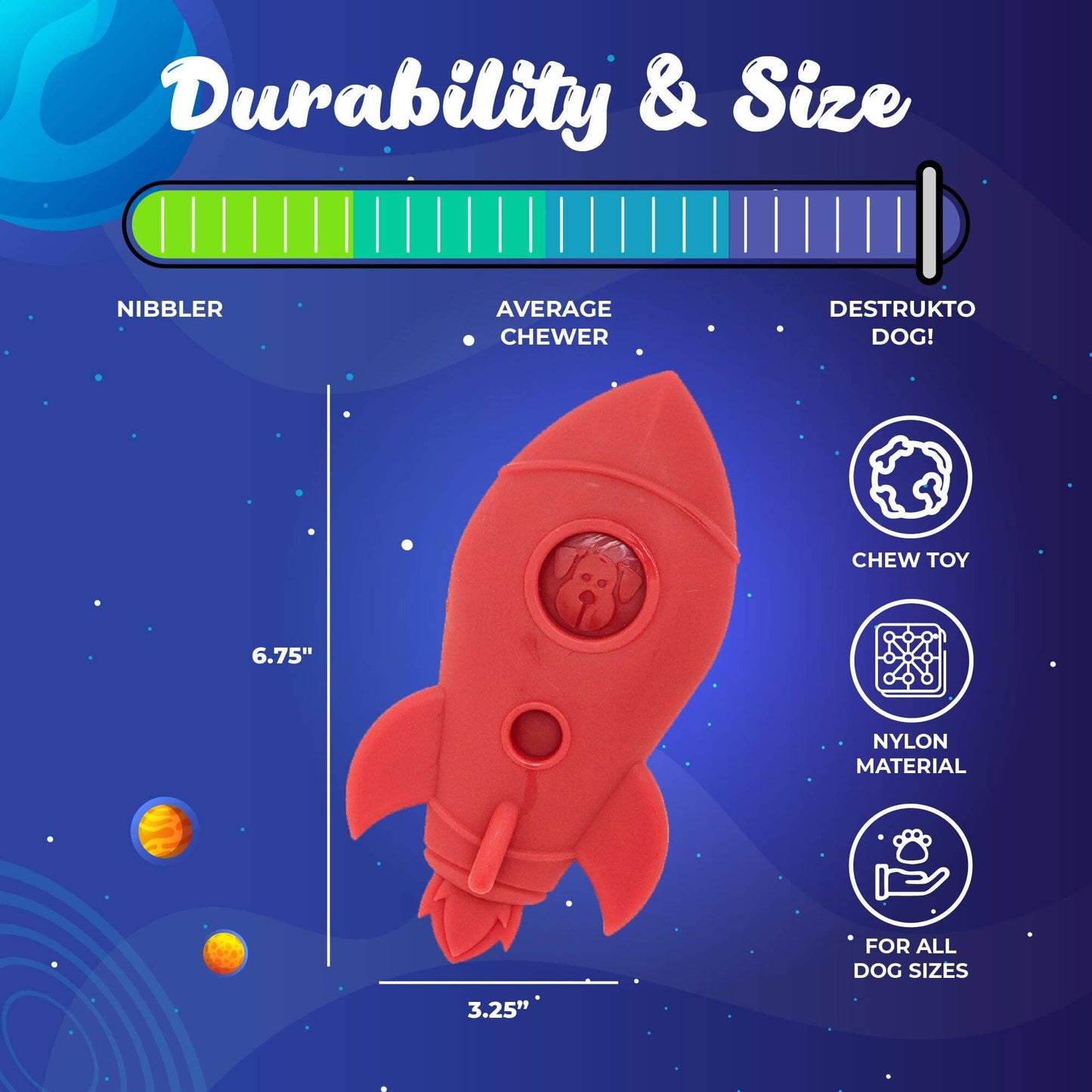 SodaPup - Spotnik Durable Nylon Rocket Ship Chew Toy - Red