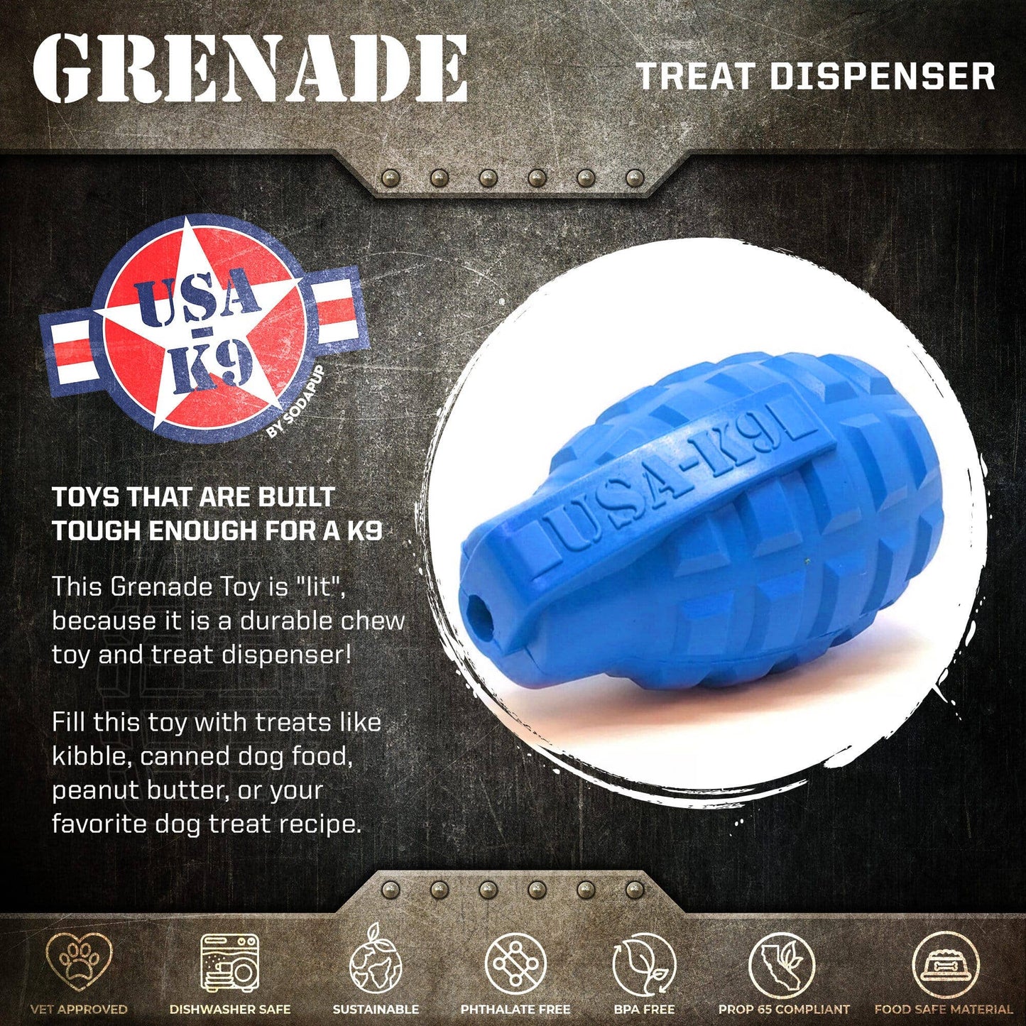 SodaPup - USA-K9 Grenade - Chew Toy - Treat Dispenser - Blue - Blue / XL