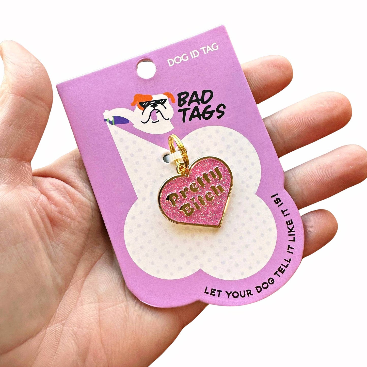 Bad Tags -
Pink Glitter Heart Shaped Gold Dog Tag - Pretty Bitch - Engraved QR Code / Large 1.25"