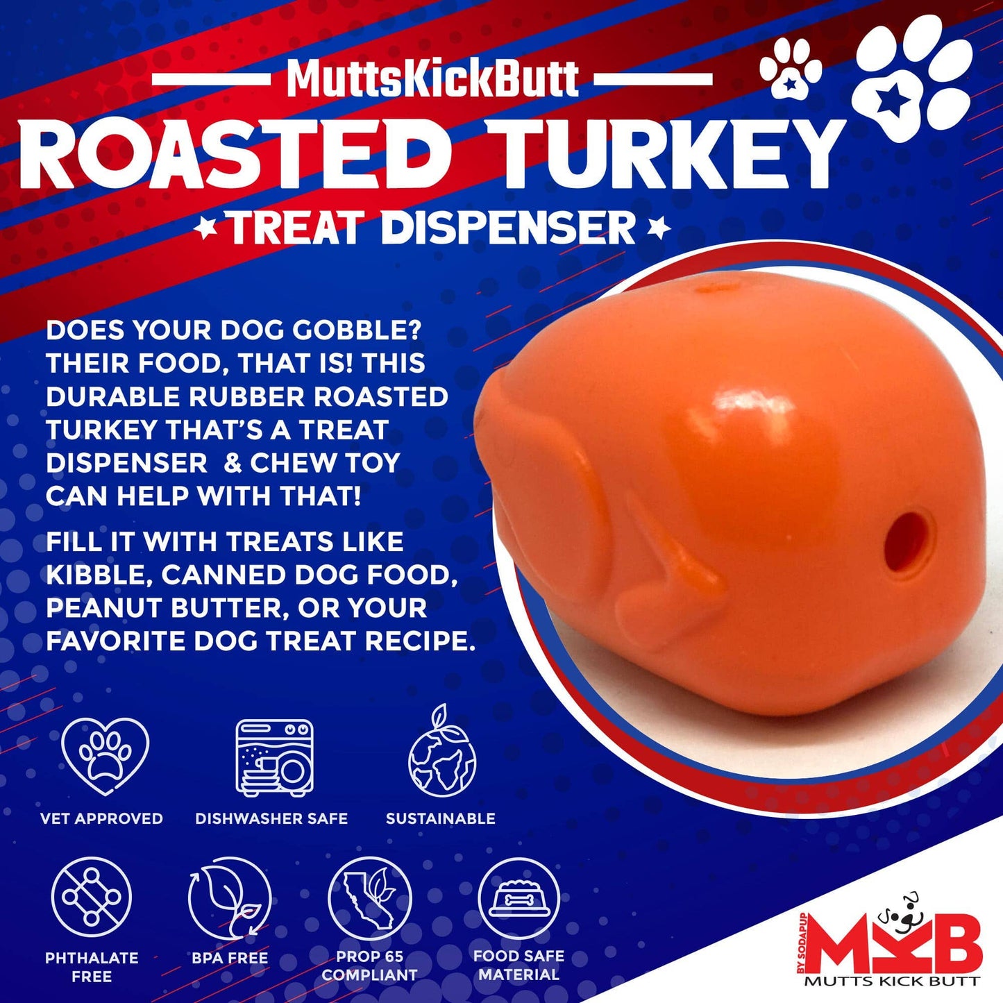 SodaPup - Roasted Turkey - Chew Toy-Treat Dispenser - Medium Orange - Medium