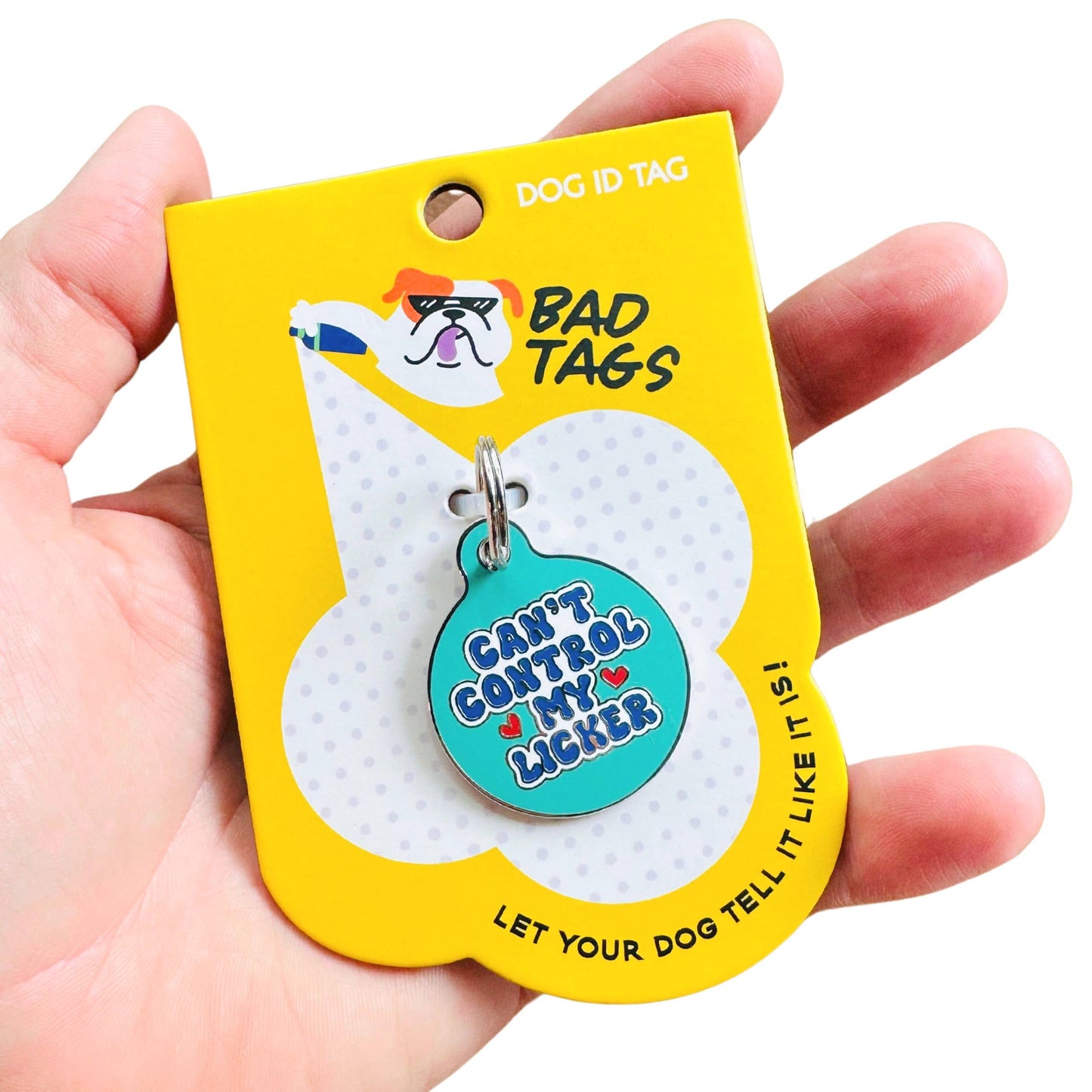 Bad Tags - Dog Tag w/ Personalized QR Code - Can't Control my Licker - Teal / Engraved QR Code / Large 1.25"