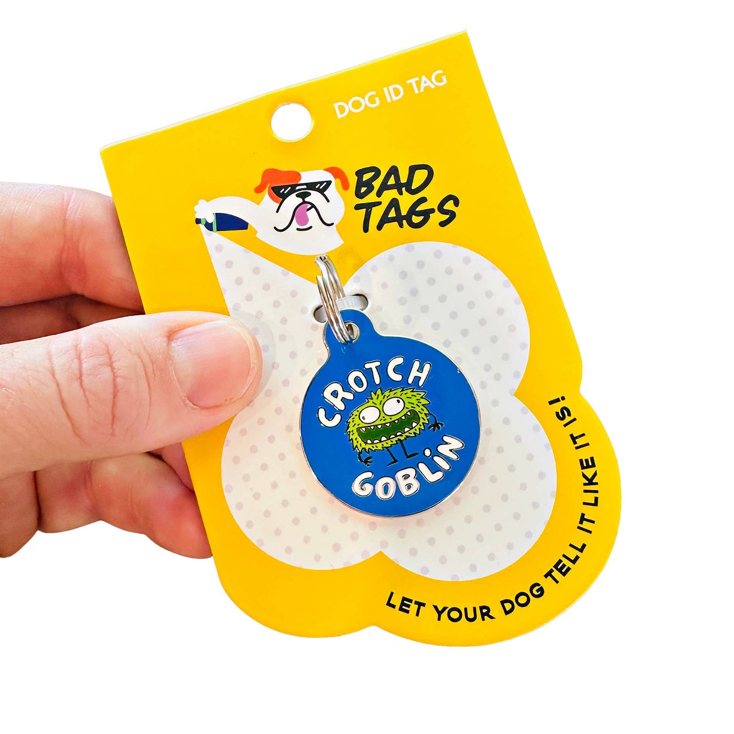 Bad Tags - Dog ID Tag with Personalized QR Code - Crotch Goblin - Engraved QR Code / Large 1.25"