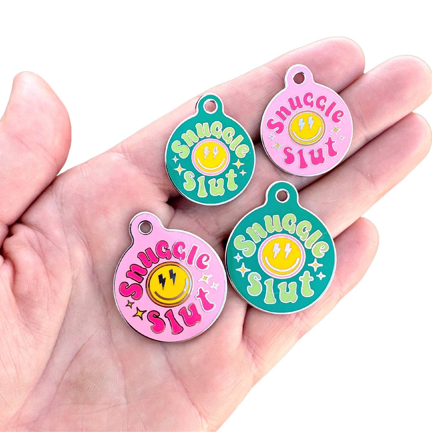 Bad Tags - Dog ID Tag with Personalized QR Code - Snuggle Slut - Pink / Engraved QR Code / Large 1.25"