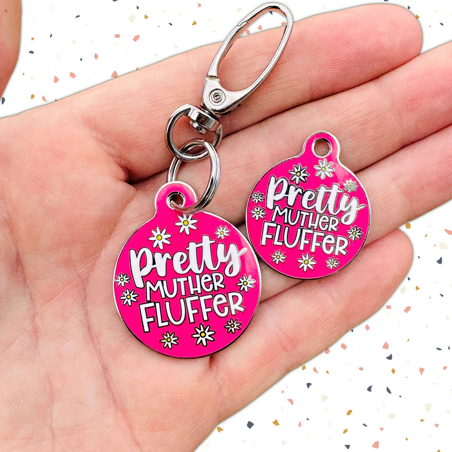 Bad Tags - Dog ID Tag w/ Personalized QR Code - Pretty Muther Fluffer - Pink / Engraved QR Code / Small 1"