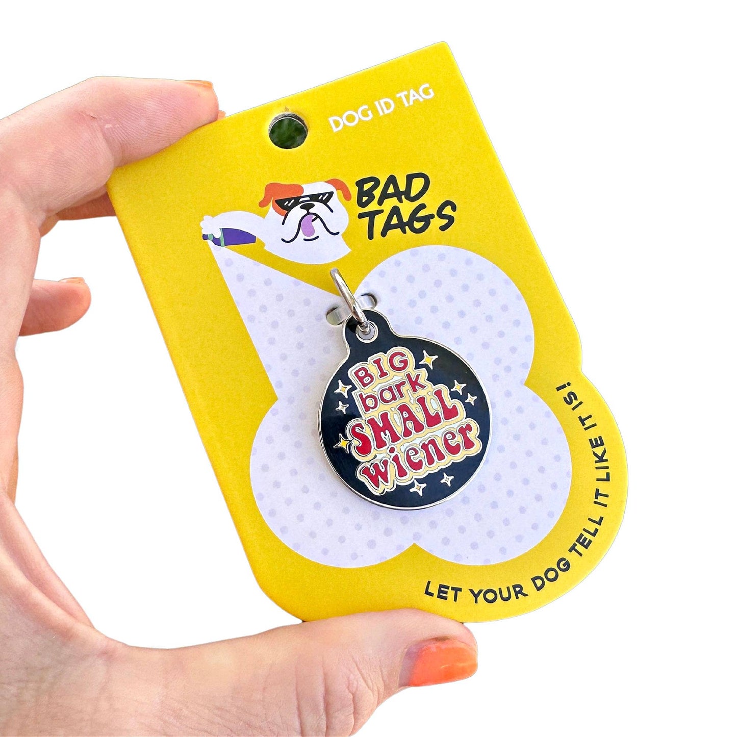 Bad Tags - Dog ID Tag with Personalized QR Code - Big Bark Small Wiener - Engraved QR Code / Small 1"