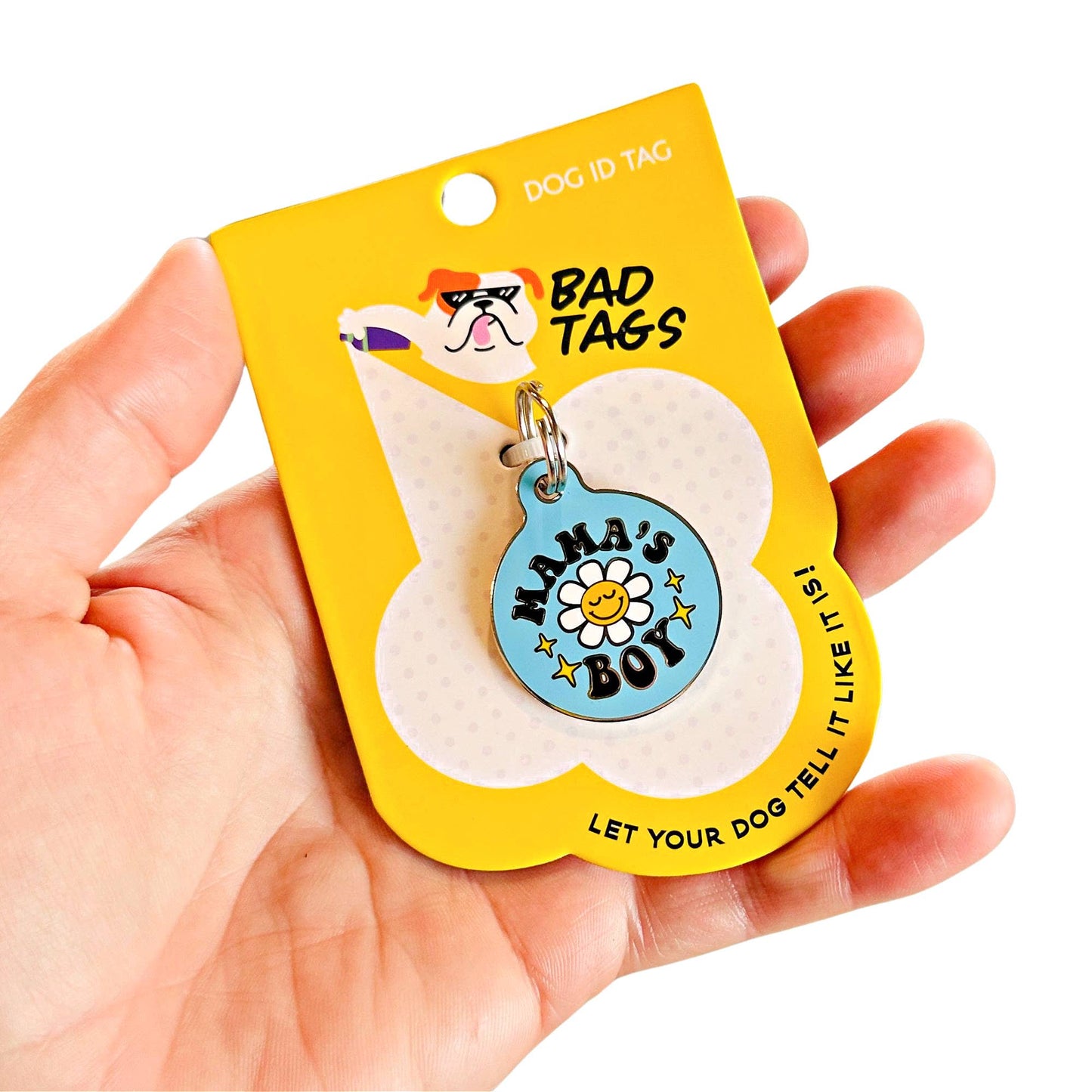Bad Tags - Enamel Dog ID Tag with Personalized QR Code - Mama's Boy - Engraved QR Code / Large 1.25"