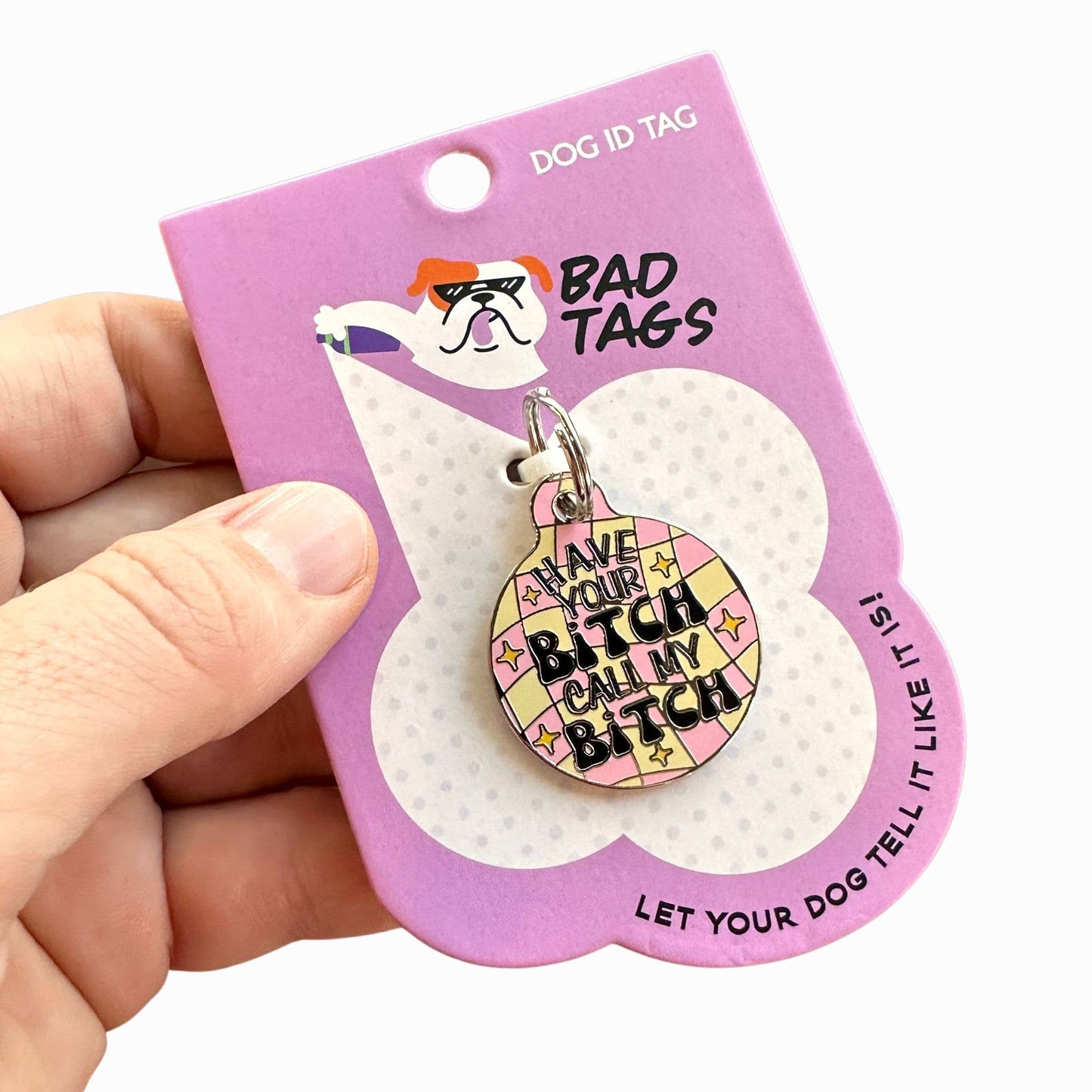 Bad Tags - Cute Personalized Dog ID Collar Charm - Pink Call my Bitch - Small / Engraved QR Code