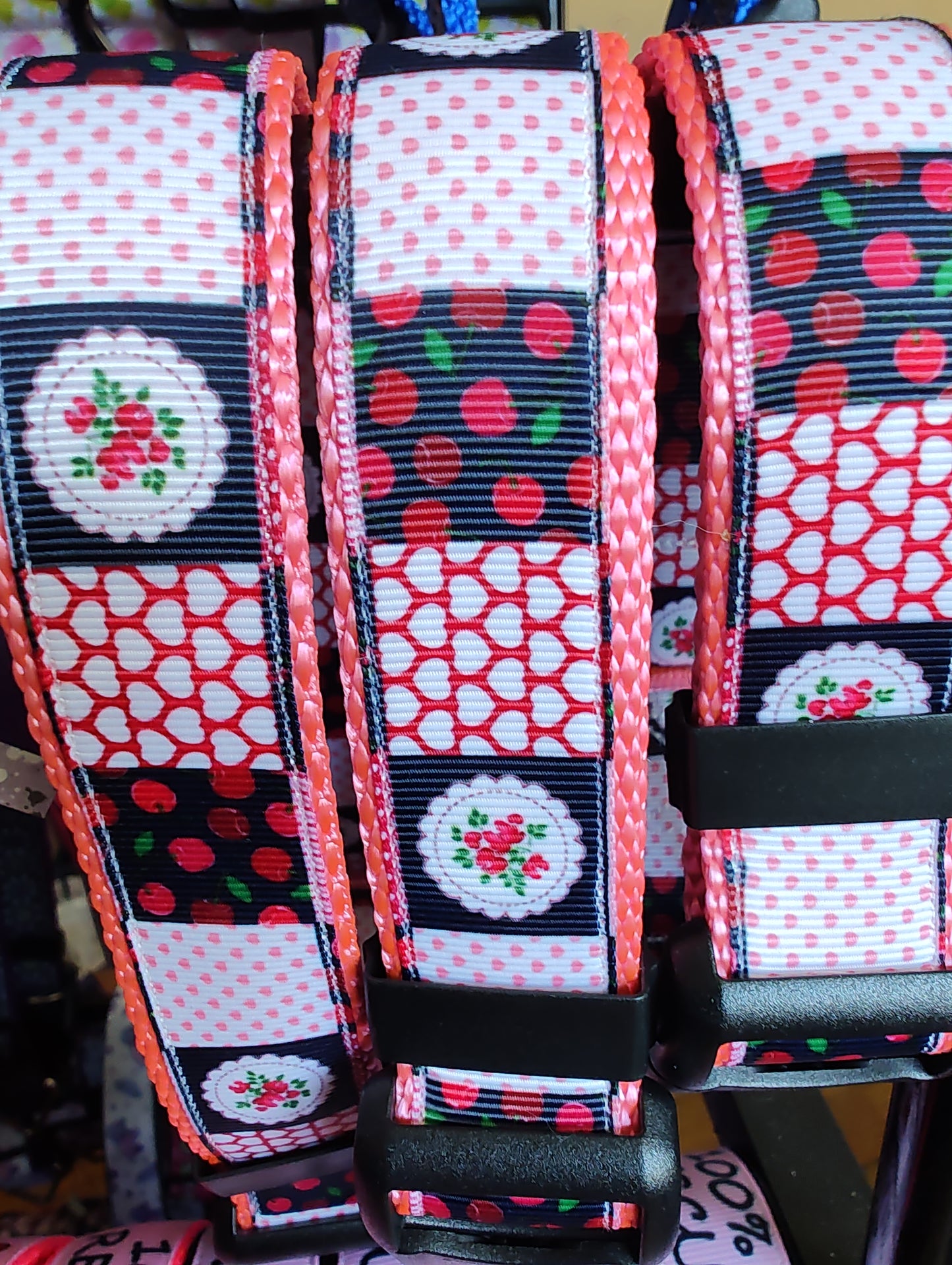 Patchwork Cherries Pink Nylon Dog Collar MD, LG, XL, Leash - Doot's Pet LLC Collars For A Cause