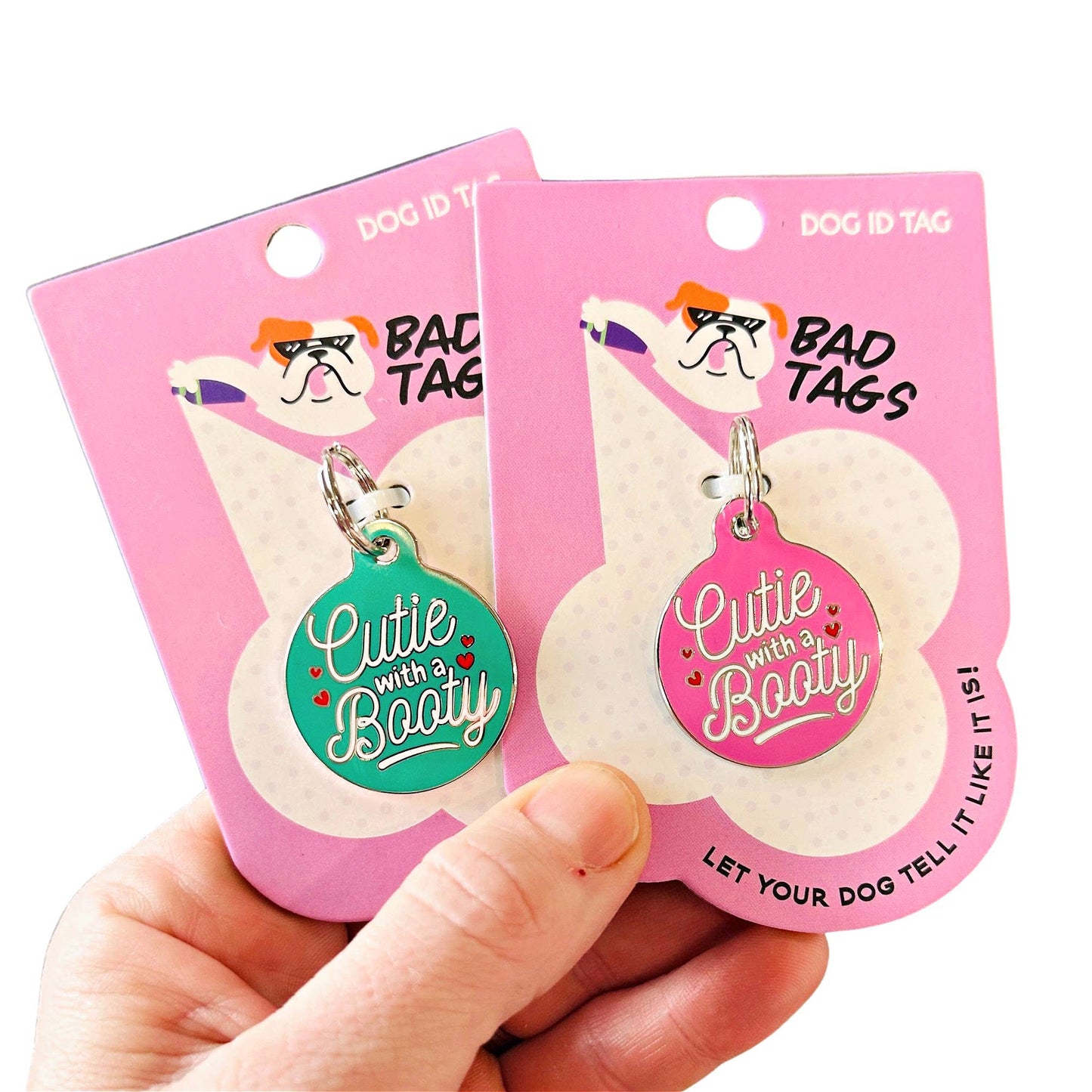 Bad Tags - Dog ID Tag with Personalized QR Code - Cutie with a Booty - Pink / Engraved QR Code / Large 1.25"