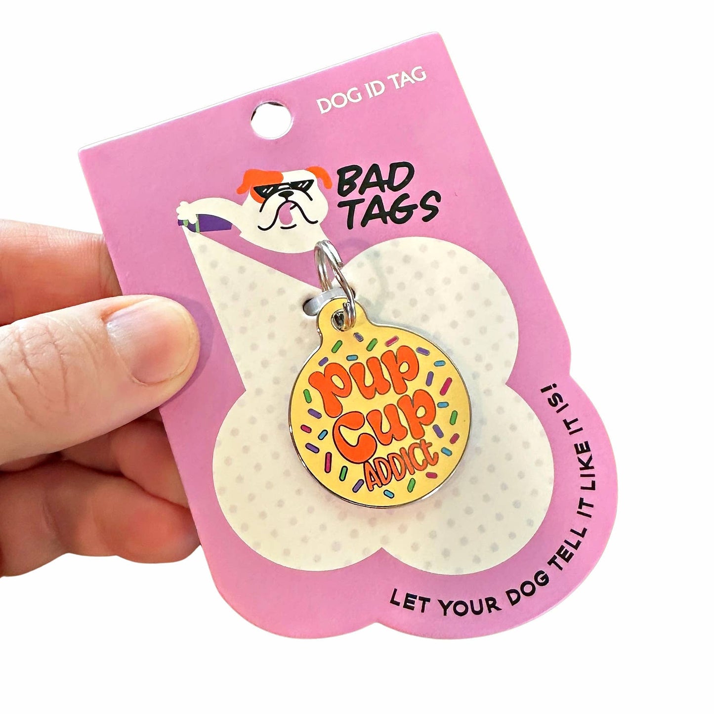 Bad Tags - Dog ID Tag with Personalized QR Code - Pup Cup addict - Engraved QR Code / Large 1.25"