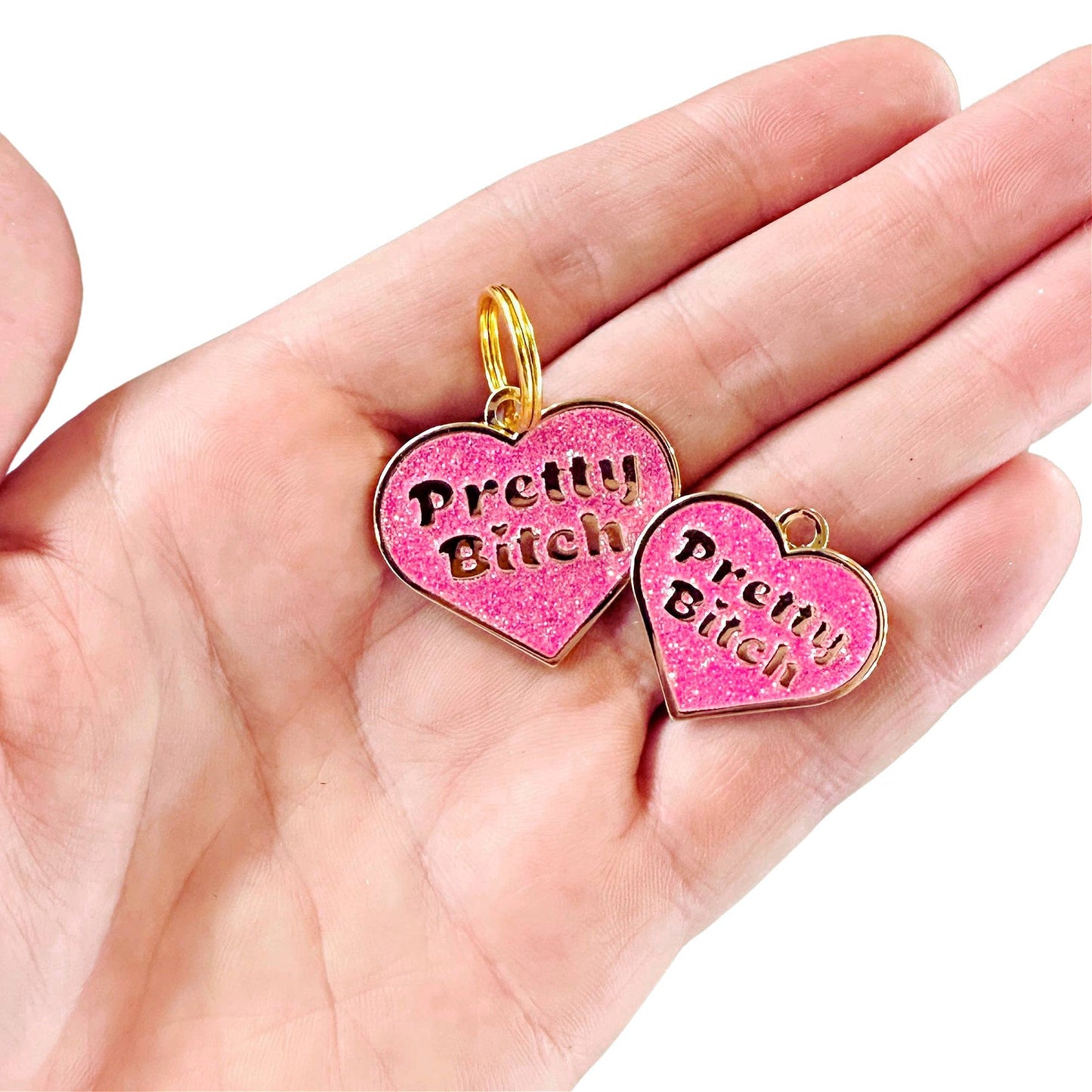 Bad Tags -
Pink Glitter Heart Shaped Gold Dog Tag - Pretty Bitch - Engraved QR Code / Large 1.25"