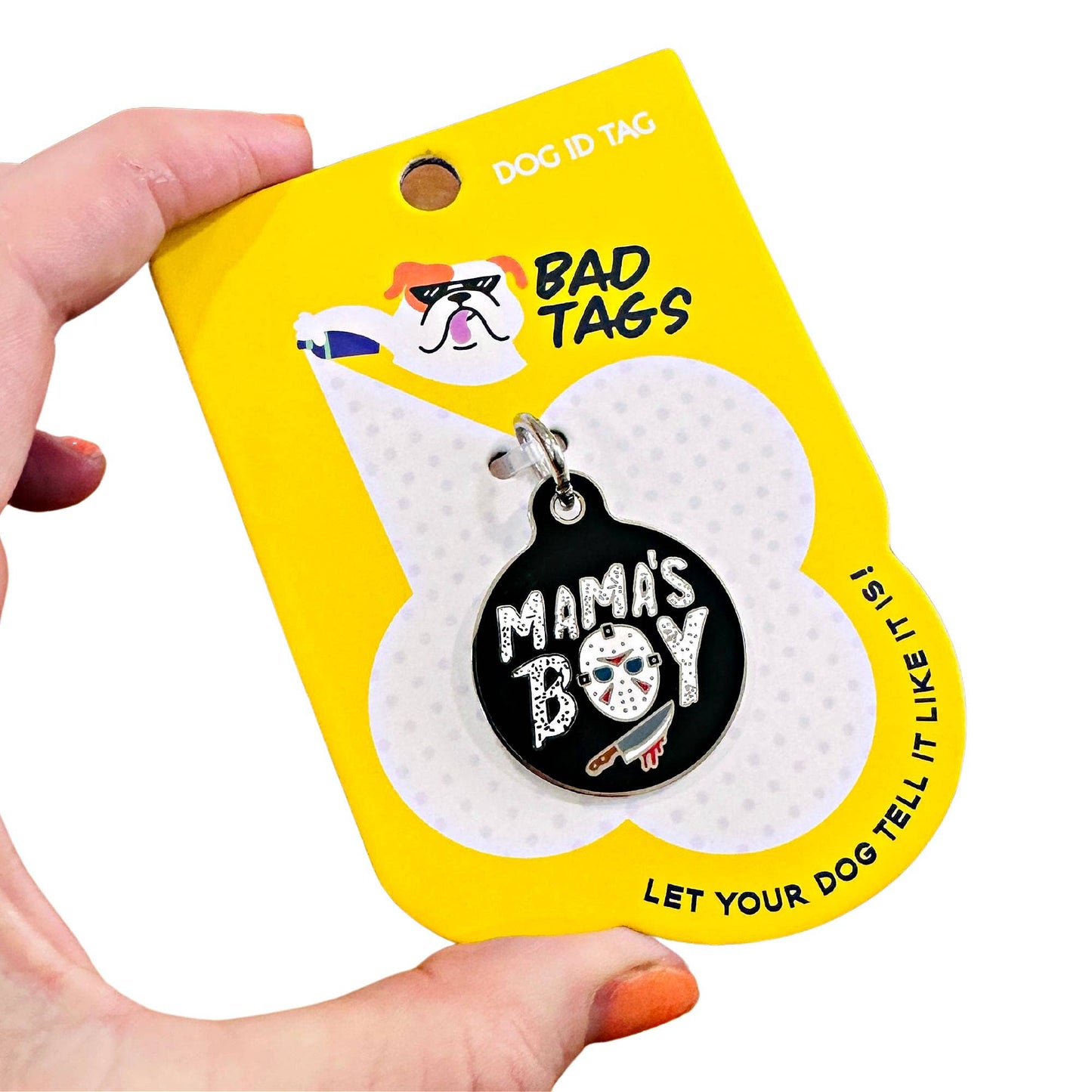 Bad Tags - Dog ID Tag with Personalized QR Code - Mama's Boy Jason - Engraved QR Code / Large 1.25"
