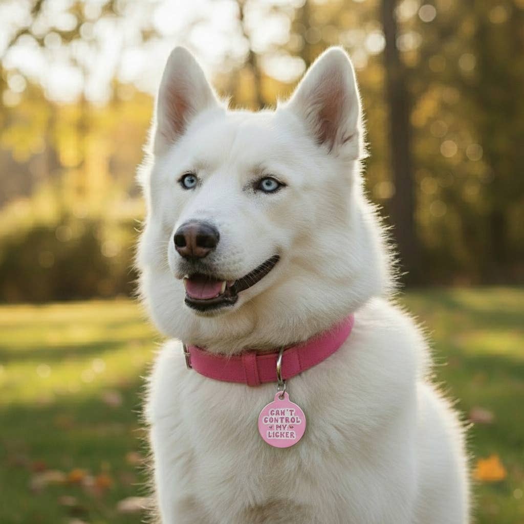 Bad Tags - Dog Tag w/ Personalized QR Code - Can't Control my Licker - Pink / Engraved QR Code / Small 1"