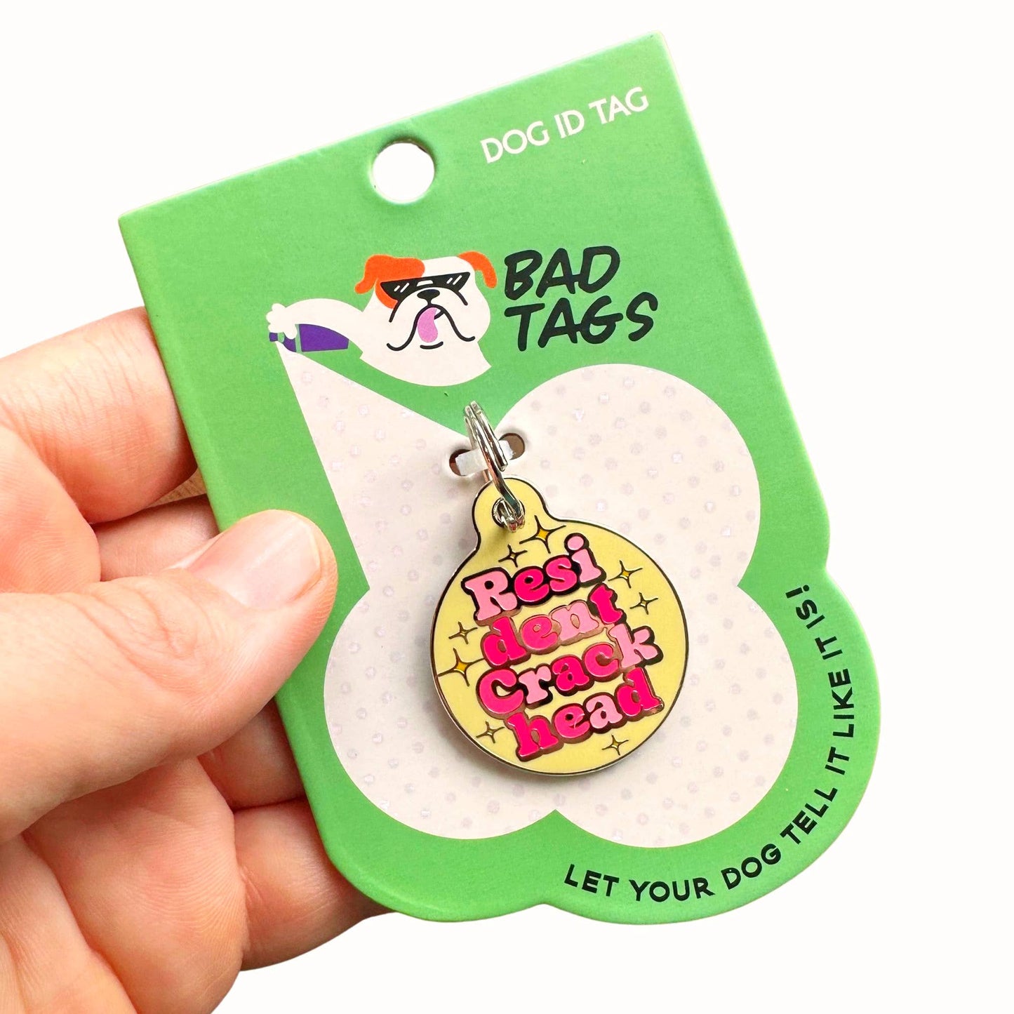 Bad Tags - Dog ID Tag with Personalized QR Code - Resident Crackhead - Yellow / Engraved QR Code / Large 1.25"