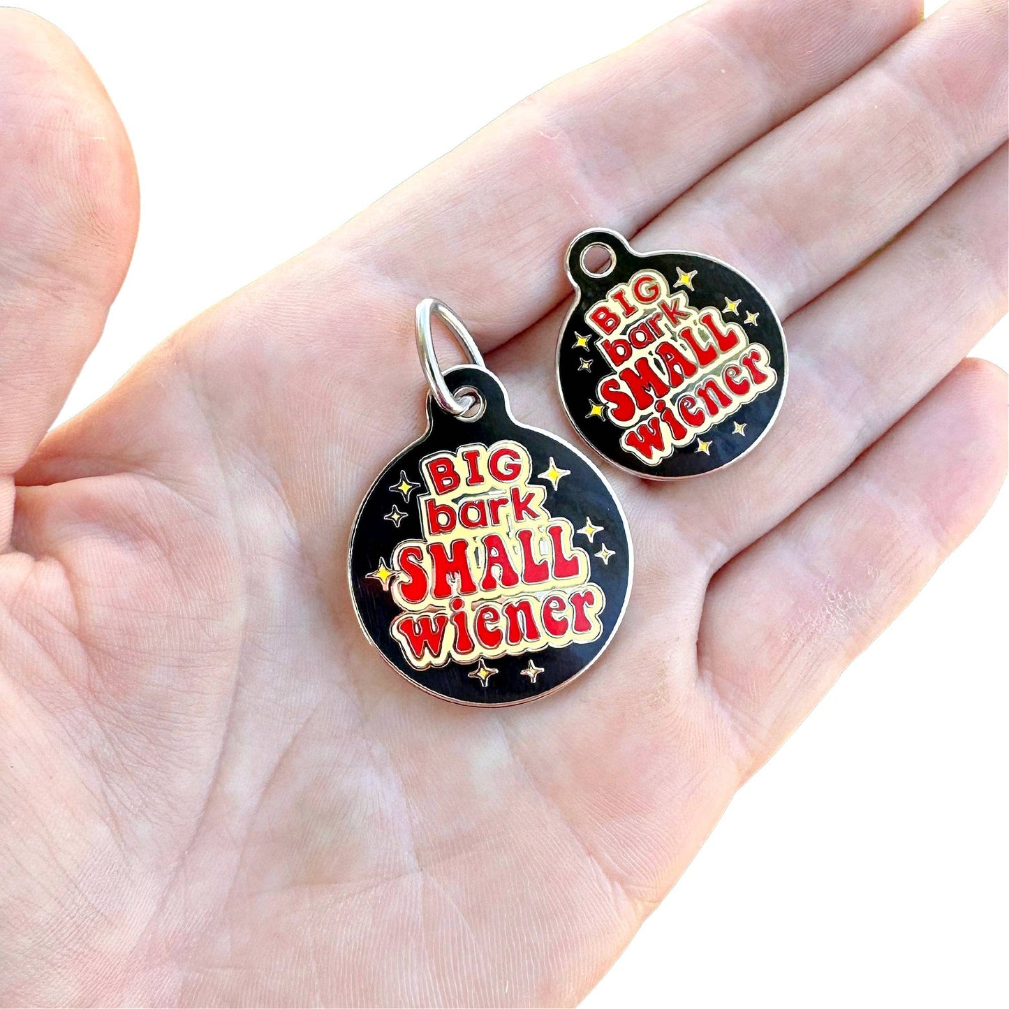 Bad Tags - Dog ID Tag with Personalized QR Code - Big Bark Small Wiener - Engraved QR Code / Small 1"