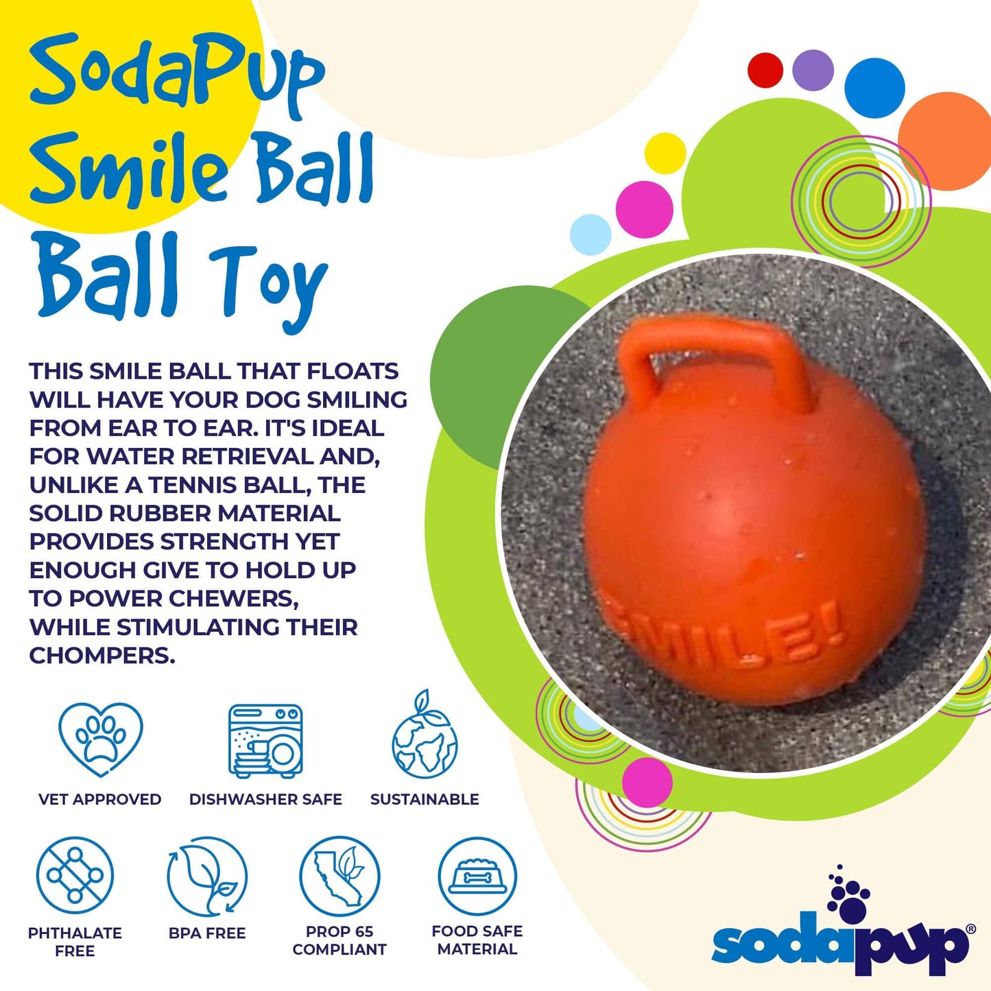 SodaPup - Smile Ball Durable Synthetic Rubber Chew & Retrievning Ball