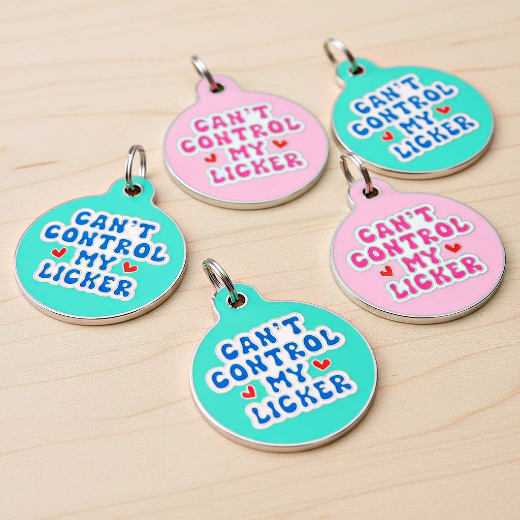 Bad Tags - Dog Tag w/ Personalized QR Code - Can't Control my Licker - Pink / Engraved QR Code / Small 1"