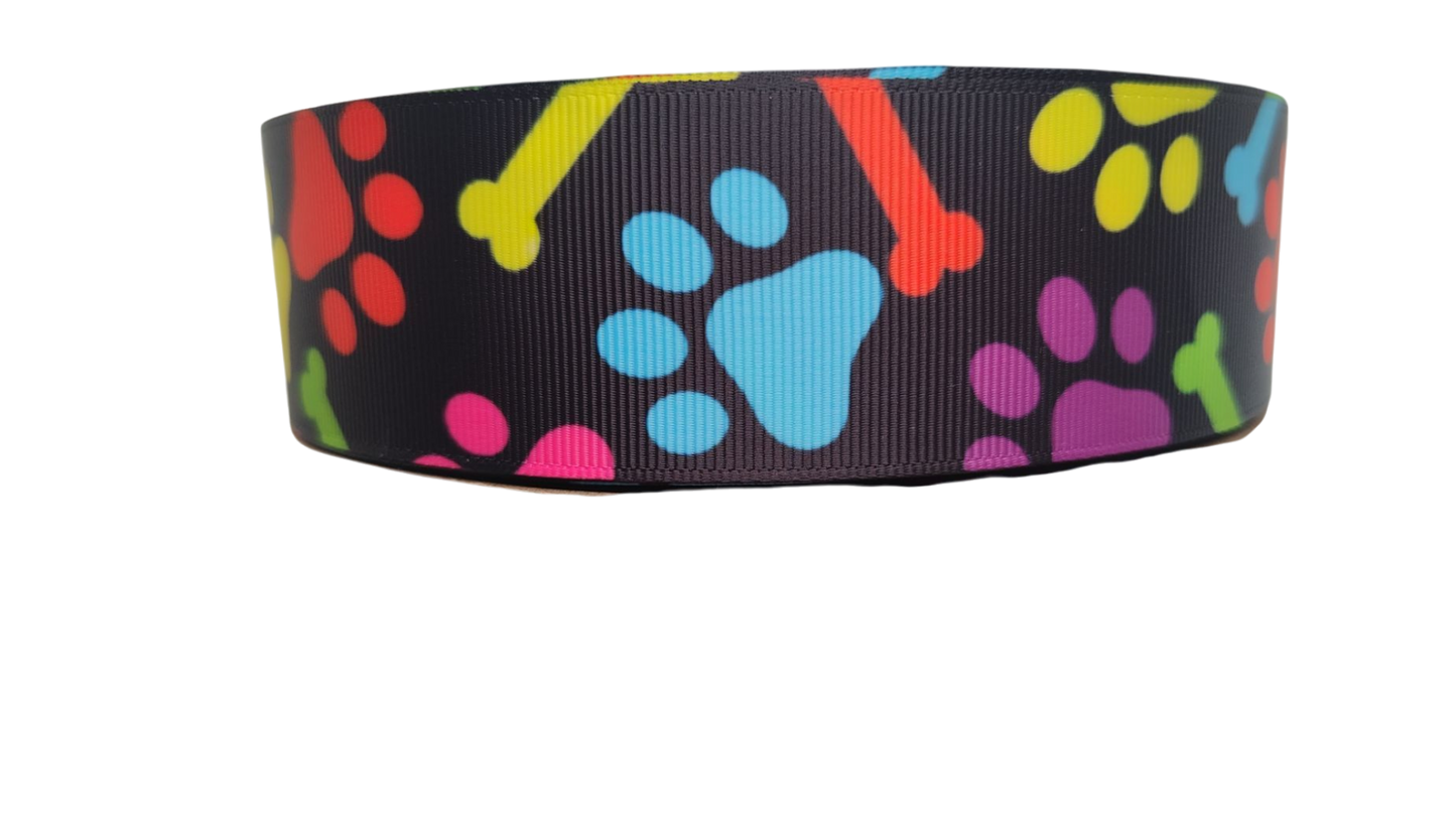1.5" Wide Rainbow Bones and Pawprints Nylon Dog Collar