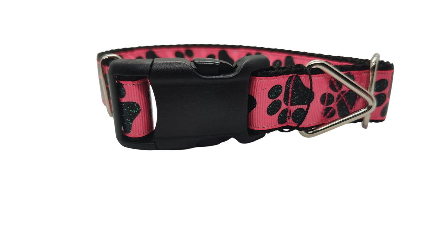 Black Glitter Paws On Pink Nylon Dog Collar