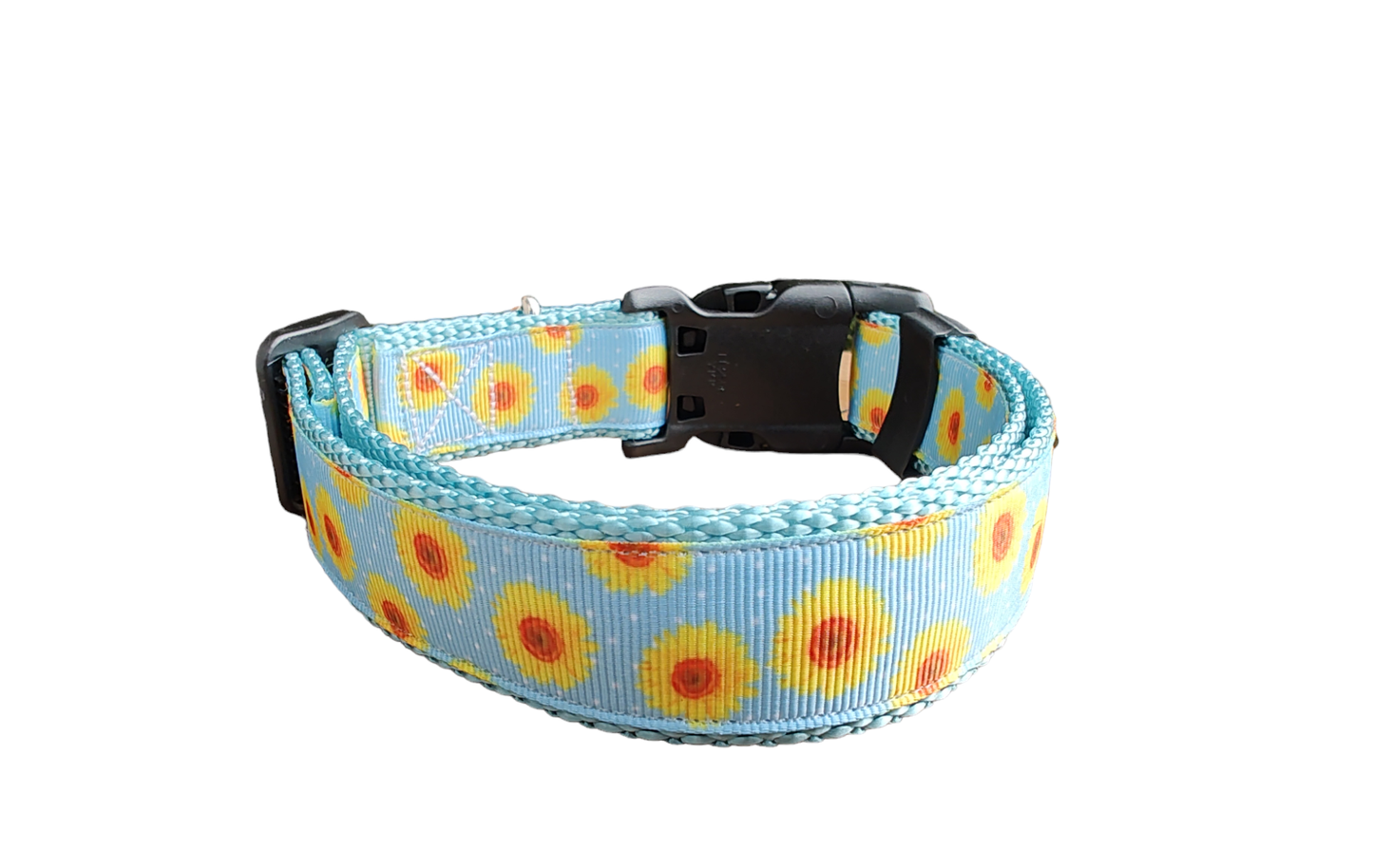 Yellow Flowers Light Blue Nylon Dog Collar MD, LG, XL, Martingale, Leash - Doot's Pet LLC Collars For A Cause