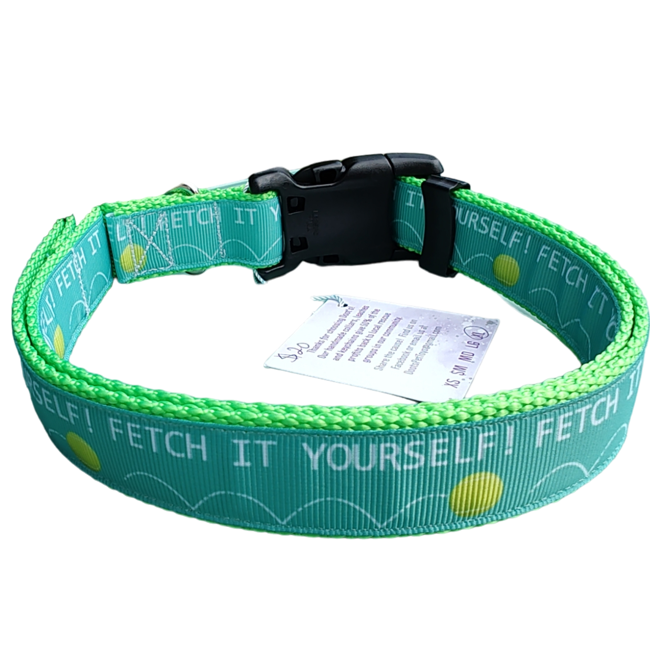 Fetch It Yourself! Neon Green Nylon Dog Collar MD, LG, XL, Leash - Doot's Pet LLC Collars For A Cause