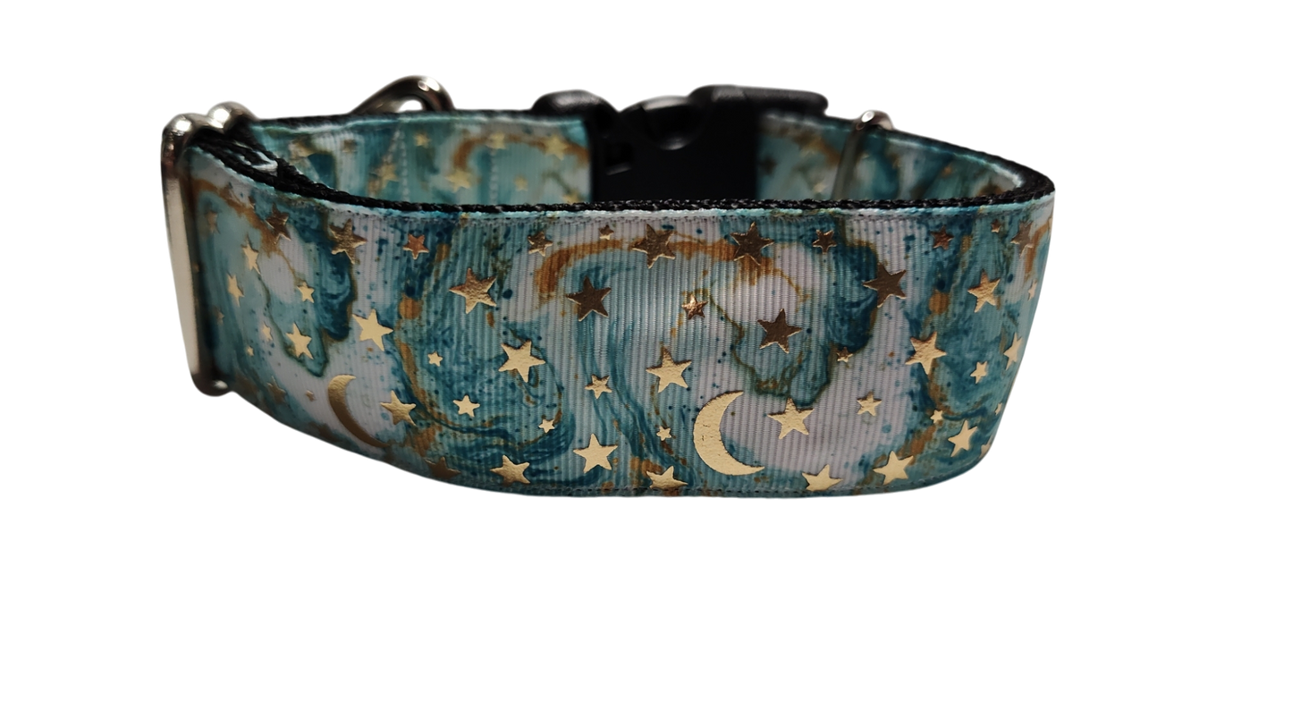 1.5" Wide Light Blue Stars and Moons Nylon Dog Collar