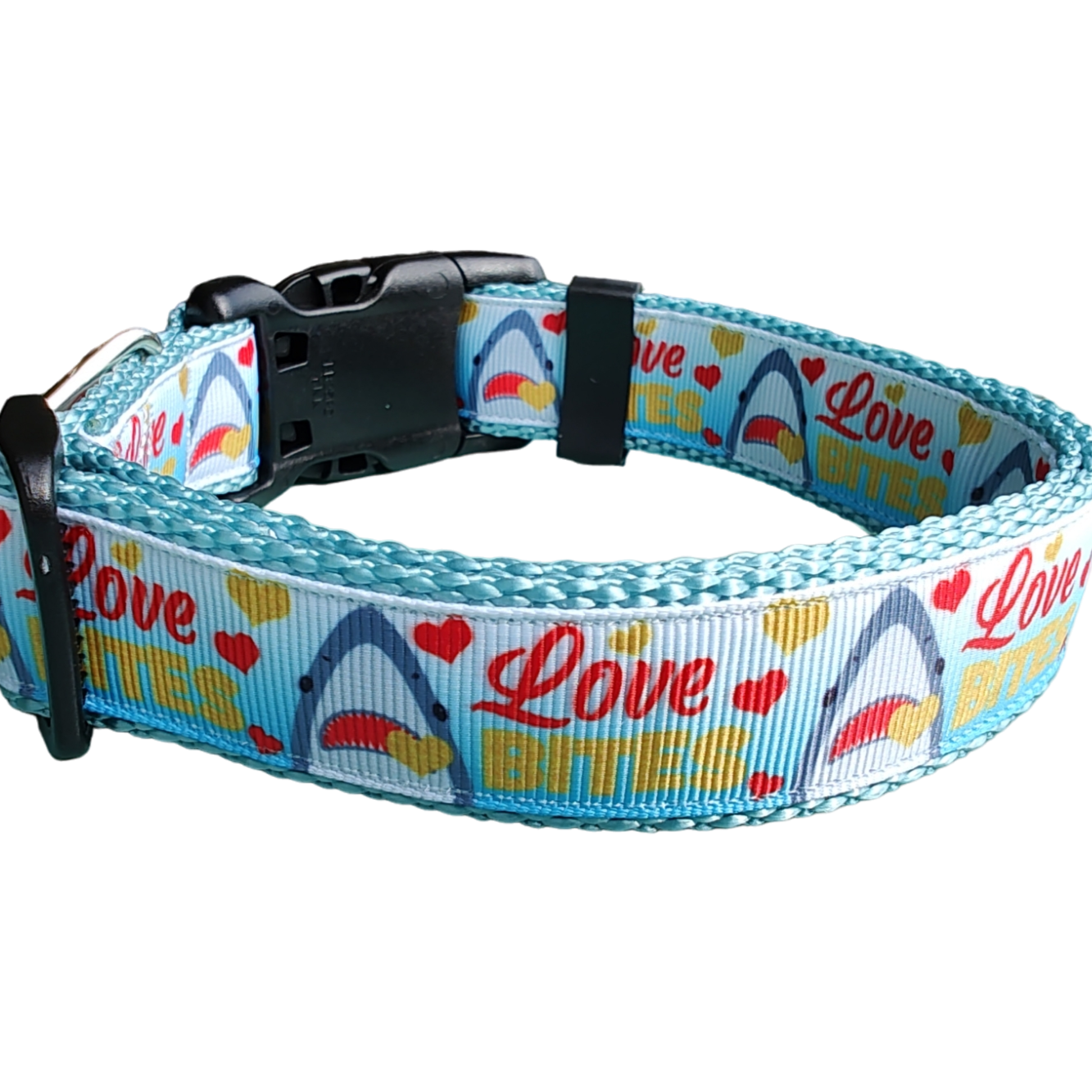 Love Bite Sharks Lt Blue Nylon Dog Collar MD, LG, XL, Leash - Doot's Pet LLC Collars For A Cause