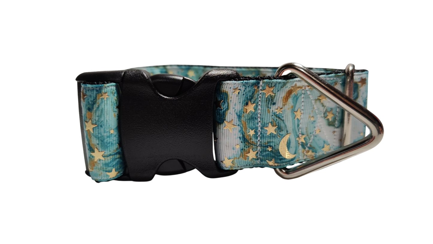 1.5" Wide Light Blue Stars and Moons Nylon Dog Collar