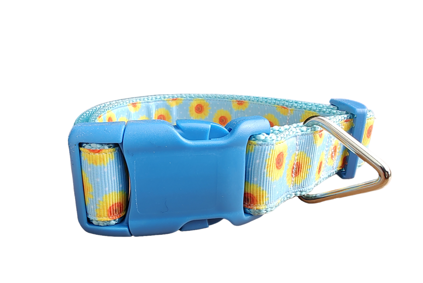 Yellow Flowers Light Blue Nylon Dog Collar MD, LG, XL, Martingale, Leash - Doot's Pet LLC Collars For A Cause