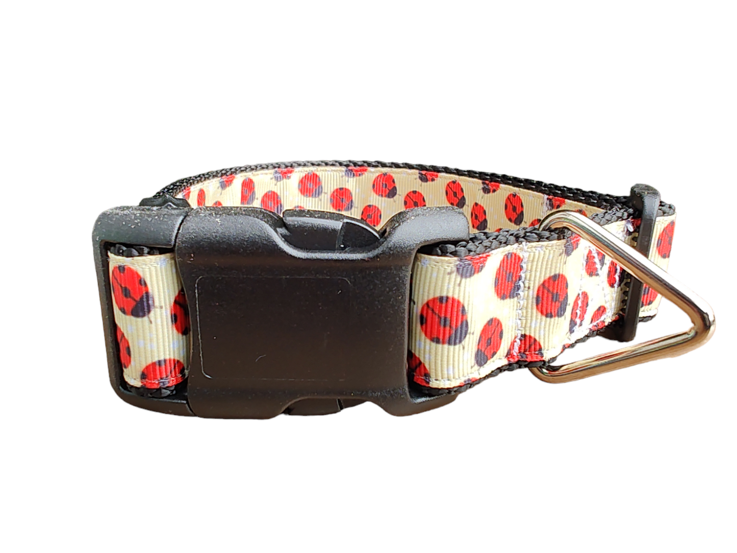 Yellow Ladybugs Black Nylon Dog Collar MD, LG, XL, Leash - Doot's Pet LLC Collars For A Cause
