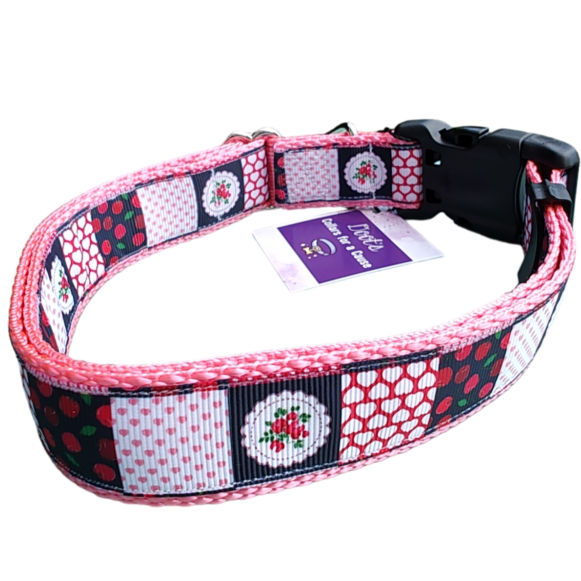 Patchwork Cherries Pink Nylon Dog Collar MD, LG, XL, Leash - Doot's Pet LLC Collars For A Cause