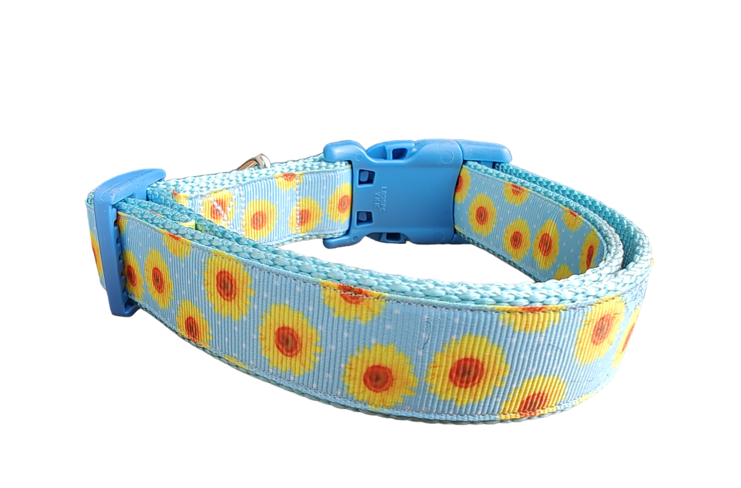 Yellow Flowers Light Blue Nylon Dog Collar MD, LG, XL, Martingale, Leash - Doot's Pet LLC Collars For A Cause
