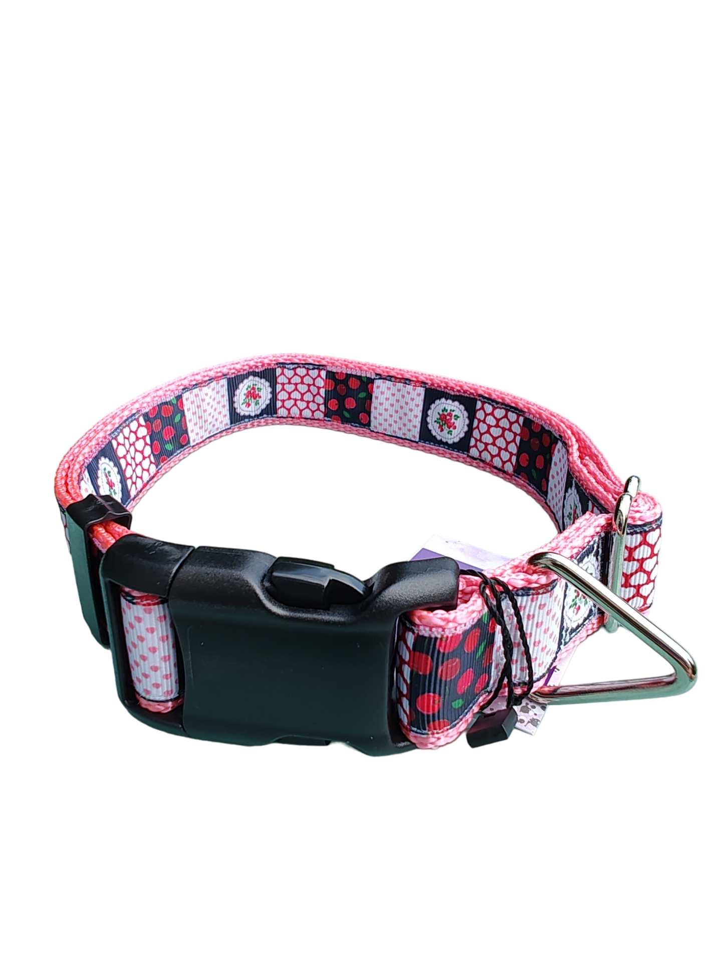 Patchwork Cherries Pink Nylon Dog Collar MD, LG, XL, Leash - Doot's Pet LLC Collars For A Cause
