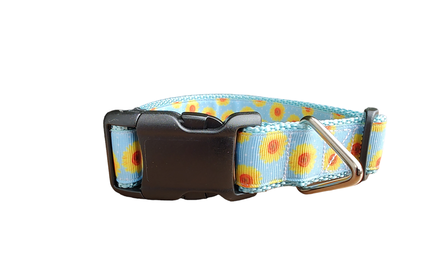 Yellow Flowers Light Blue Nylon Dog Collar MD, LG, XL, Martingale, Leash - Doot's Pet LLC Collars For A Cause