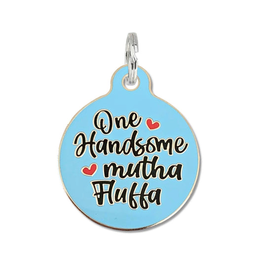 Bad Tags - Dog ID Tag with Personalized QR Code - Handsome Mutha Fluffa - Engraved QR Code / Small 1"