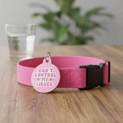 Bad Tags - Dog Tag w/ Personalized QR Code - Can't Control my Licker - Pink / Engraved QR Code / Small 1"