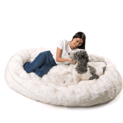 PupCloud™ Human-Size Faux Fur Memory Foam Dog Bed - White with Brown Accents - Doot's Pet LLC Collars For A Cause