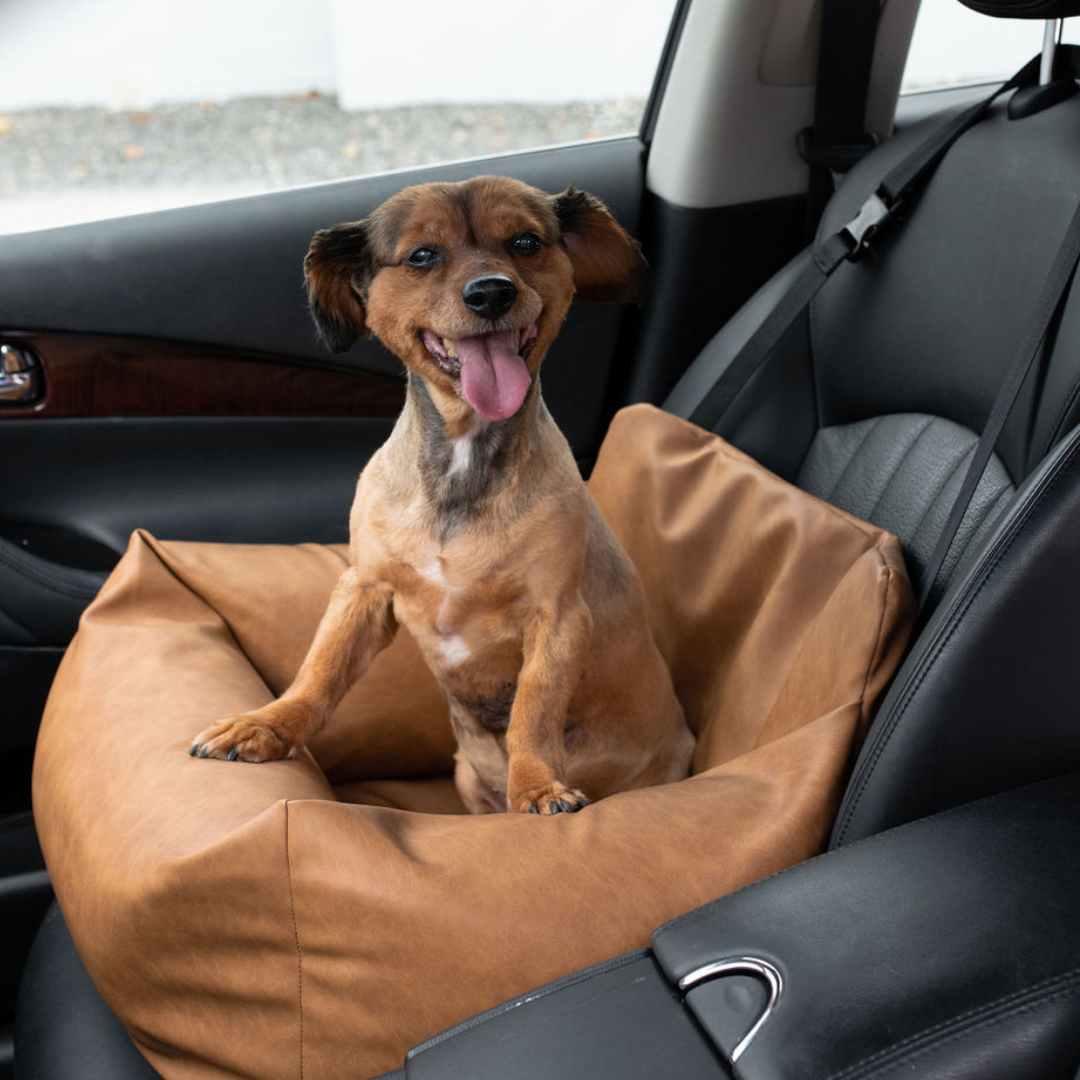 PupProtector™ Faux Leather Memory Foam Dog Car Bed - Camel - Doot's Pet LLC Collars For A Cause