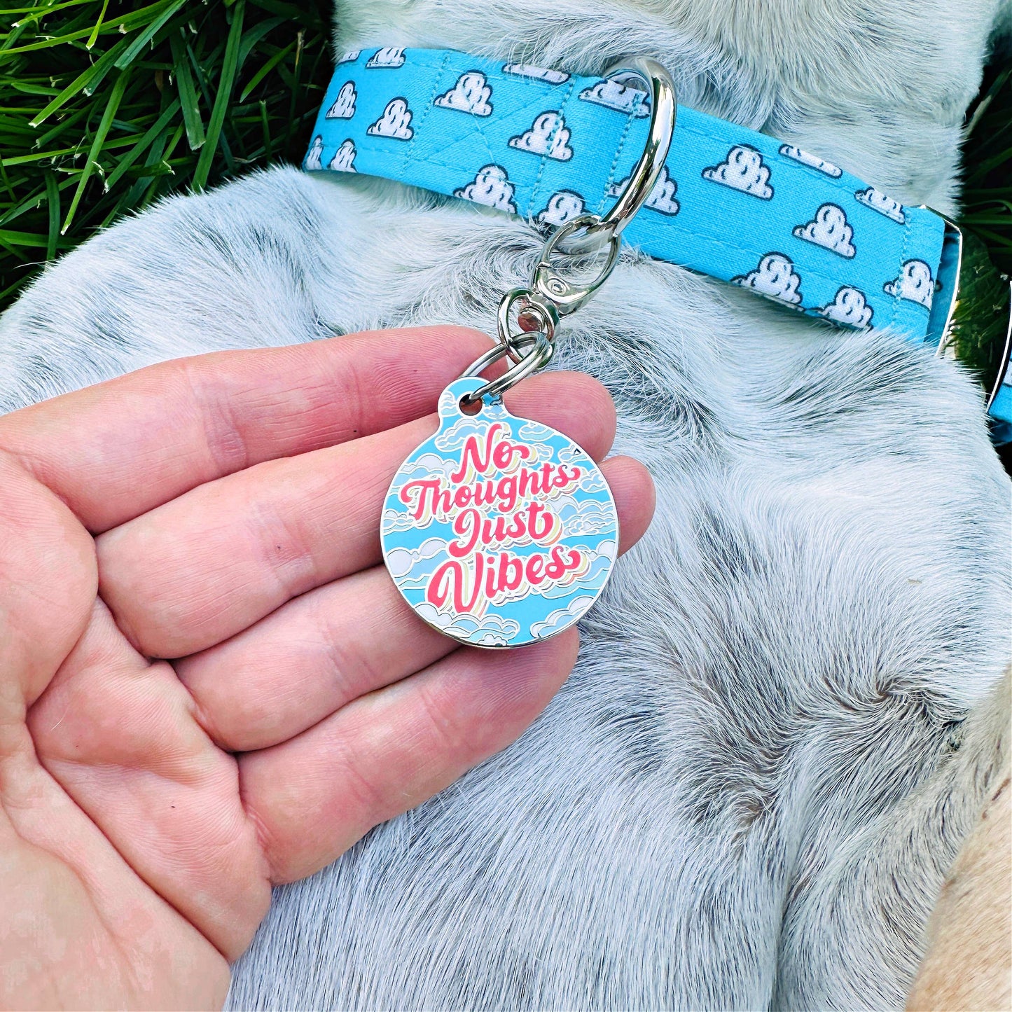 Bad Tags - Dog ID Tag w/ Personalized QR Code - No Thoughts Just Vibes - Large / Engraved QR Code