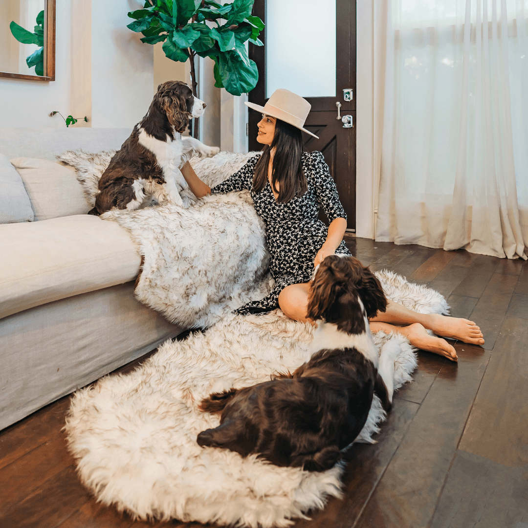 PupRug® Runner Faux Fur Memory Foam Dog Bed - Curve White with Brown Accents - Doot's Pet LLC Collars For A Cause