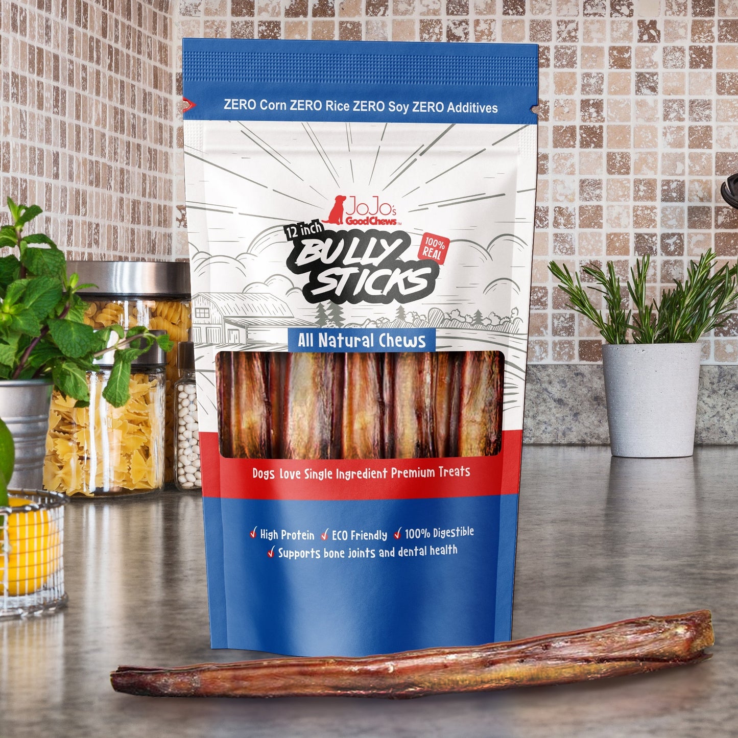 All-Natural Beef Bully Stick Dog Treats, Single Ingredient Dog Chews – 12-Inch Jumbo (2-Pack)