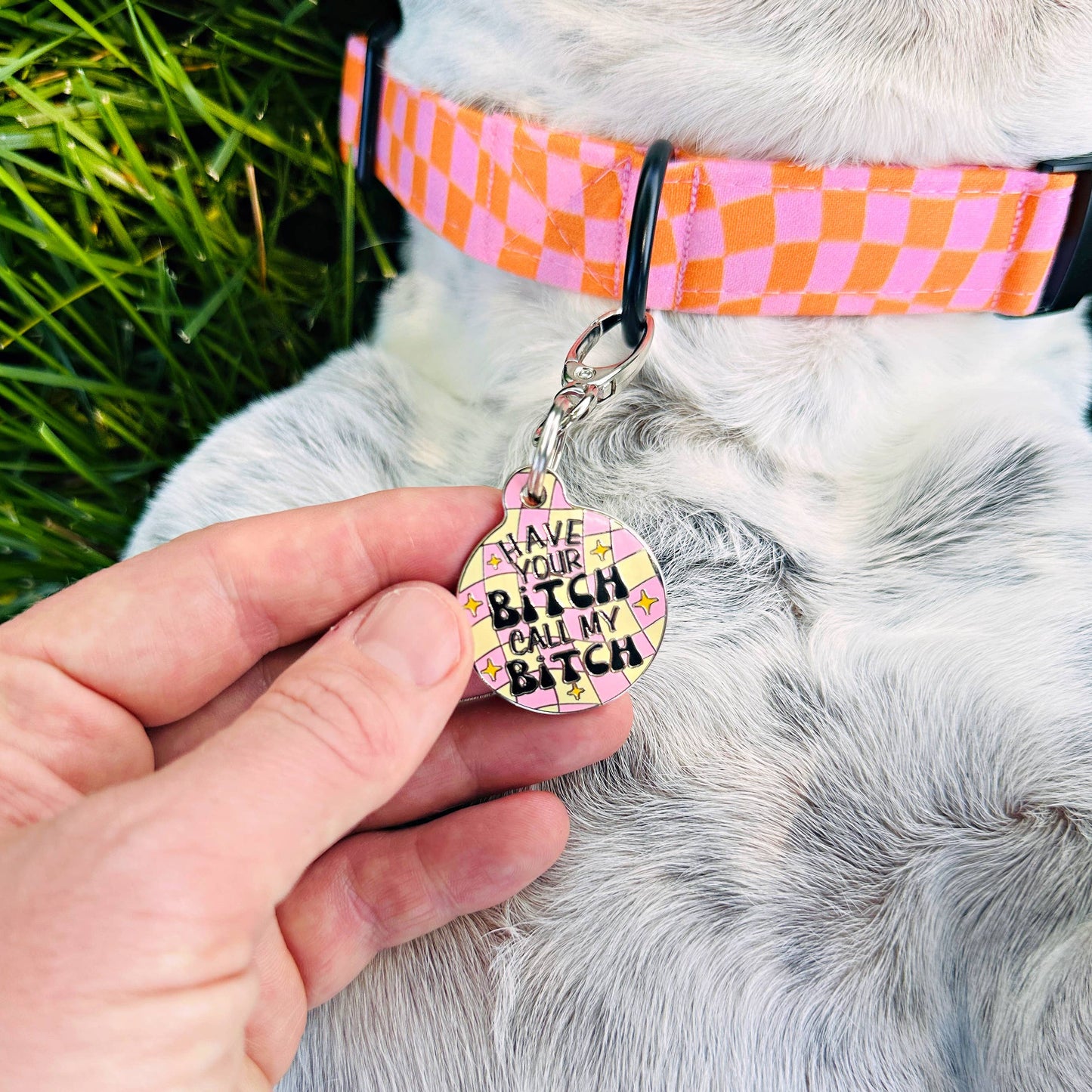 Bad Tags - Dog ID Tag with Personalized QR Code - Pink Call my Bitch - Large / Engraved QR Code