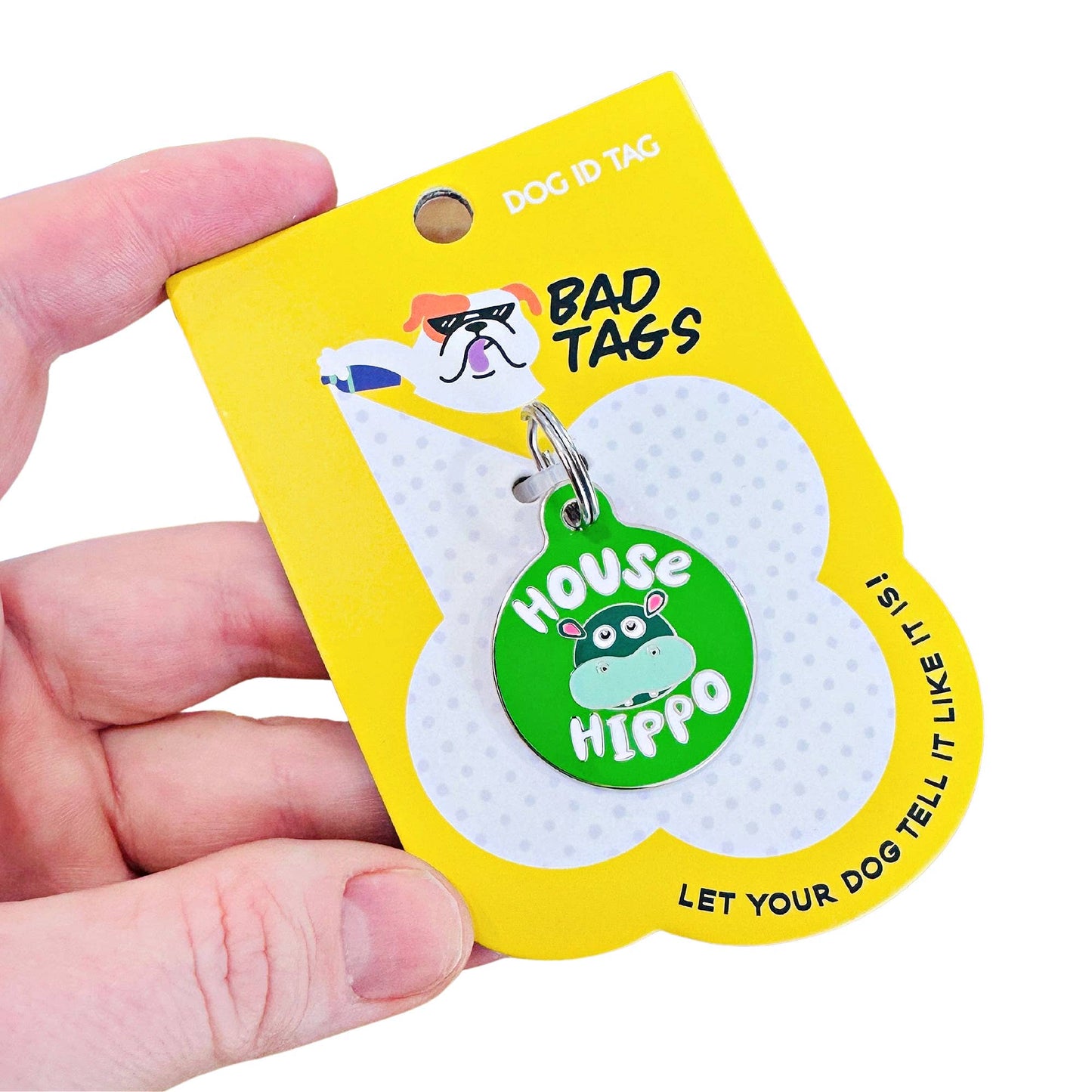 Bad Tags - Personalized Dog ID Tag w/ Scannable QR Code - House Hippo - Engraved QR Code / Large 1.25"