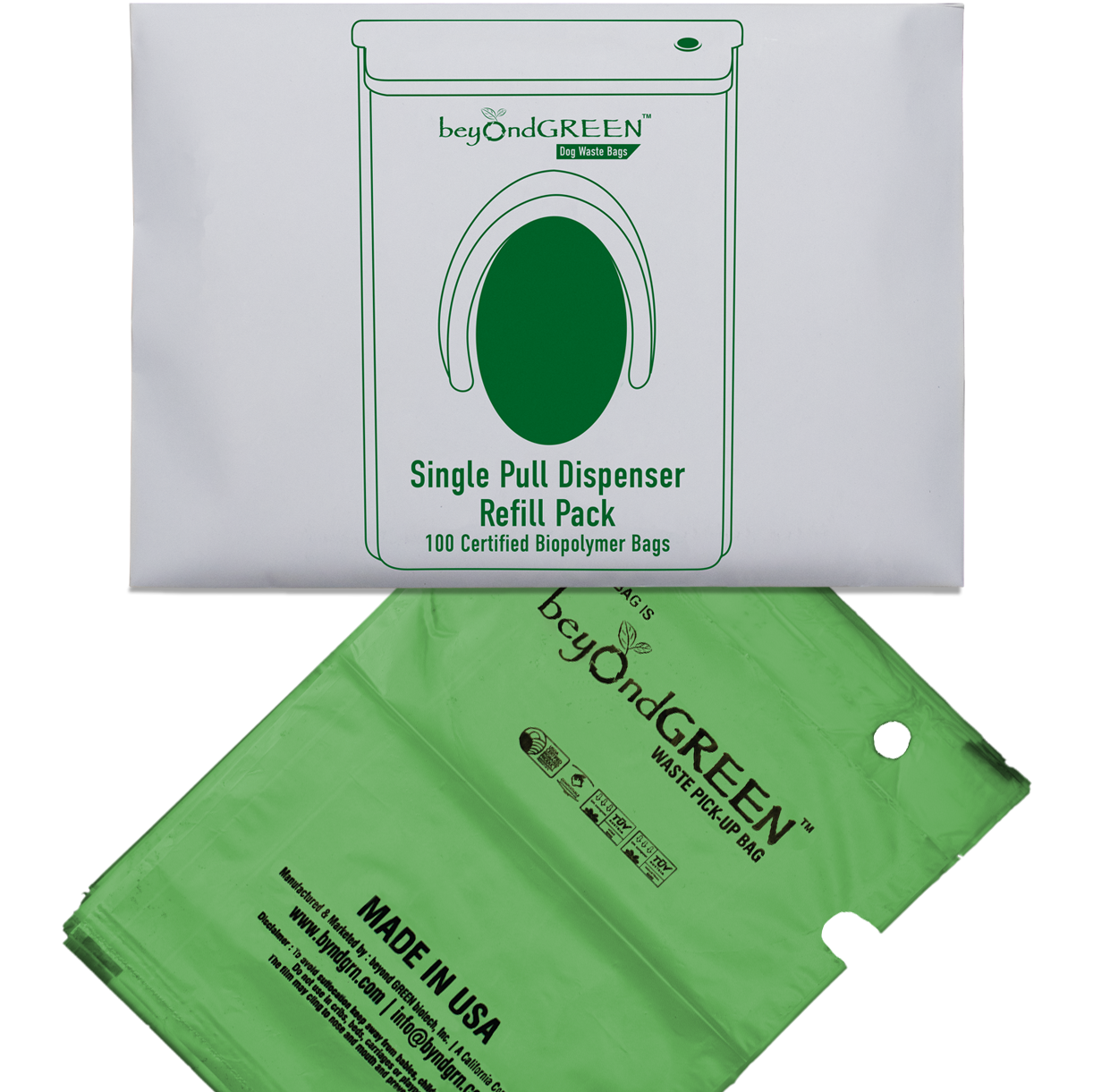 beyondGREEN Dog Waste Bags – Single-Pull Dispenser Refill Pack – Made in USA, Leak-Resistant, One-At-A-Time Dispensing (100 Bags per Pack) - Doot's Pet LLC Collars For A Cause
