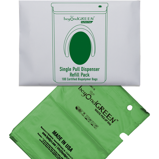beyondGREEN Dog Waste Bags – Single-Pull Dispenser Refill Pack – Made in USA, Leak-Resistant, One-At-A-Time Dispensing (100 Bags per Pack) - Doot's Pet LLC Collars For A Cause