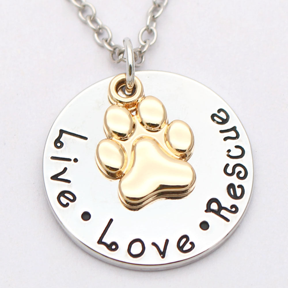 Pet Lover Dog Paw Necklace or Keychain "Live · Love · Rescue"
